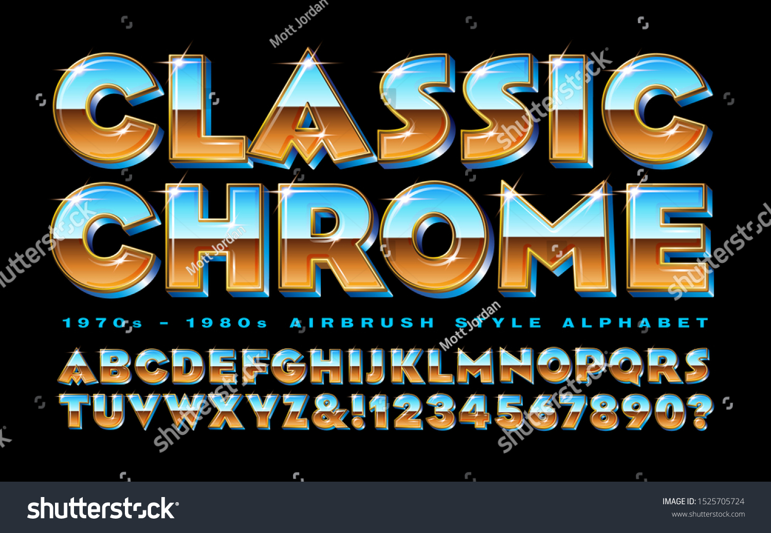 SVG of Vector alphabet of vintage style chrome lettering in a 1970s or 1980s airbrush style font. svg