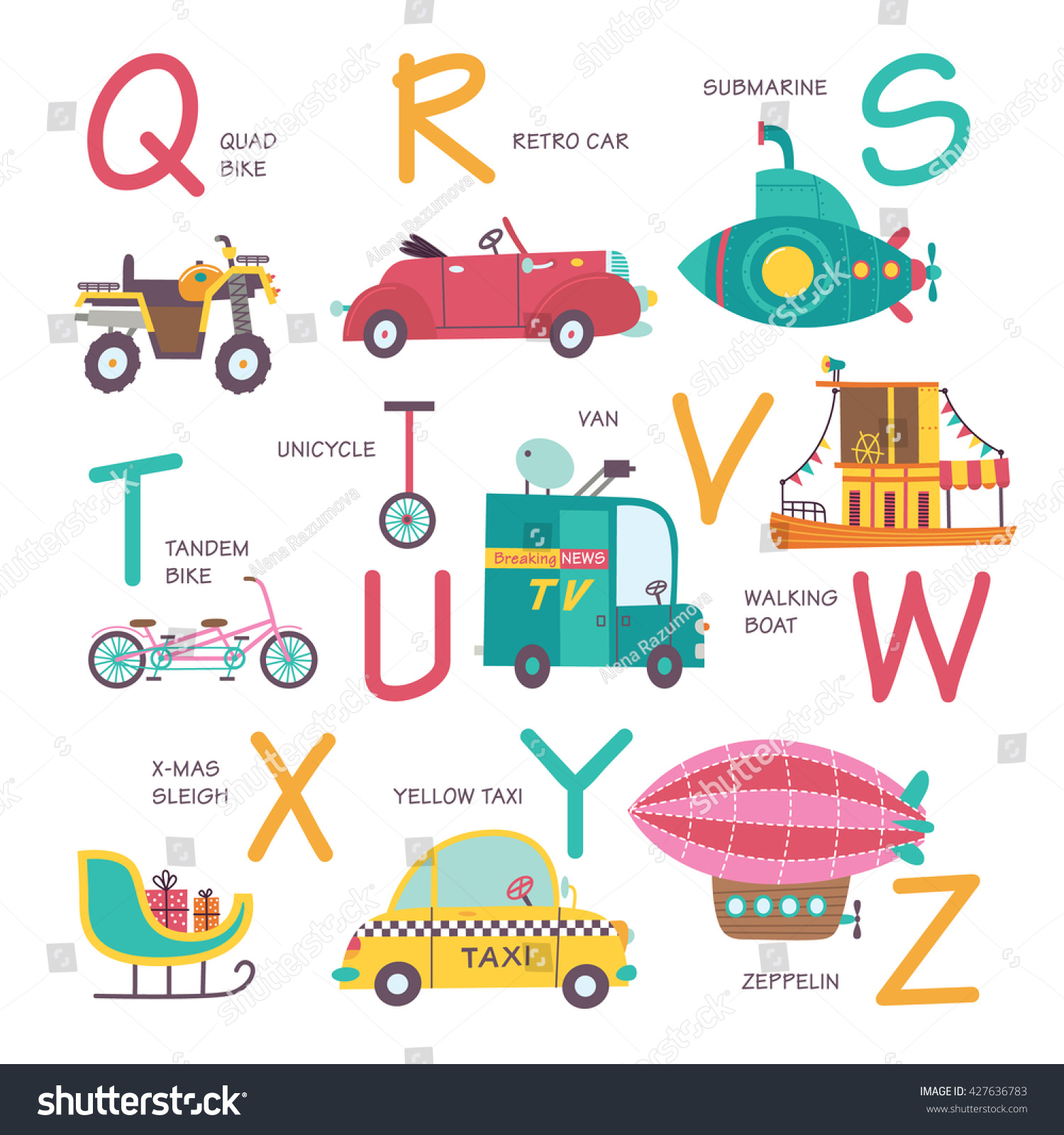 Vector Alphabet Transport Cartoon Styleq R Stock Vector Royalty Free