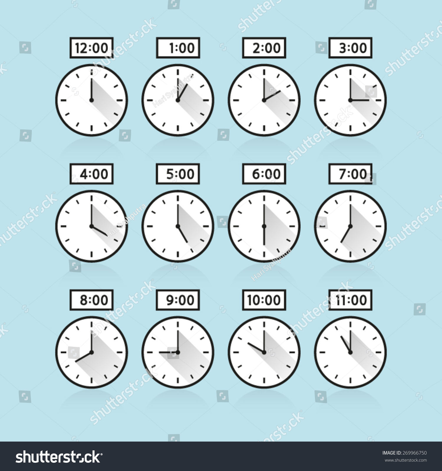 Vector analog clock 24 hours day night serial icon symbol flat sequence