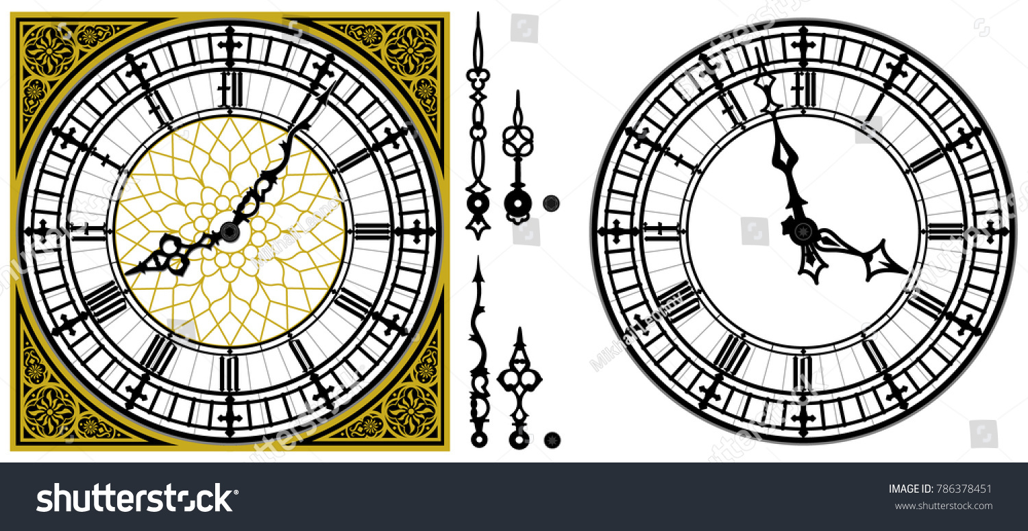四角い金色の装飾ローマのバロック式の数字と時計の針を持つベクター古い古い時計 古い時計の針のセット タワービッグベン式時計 のベクター画像セット ゴシックビンテージベクター画像時計 のベクター画像素材 ロイヤリティフリー