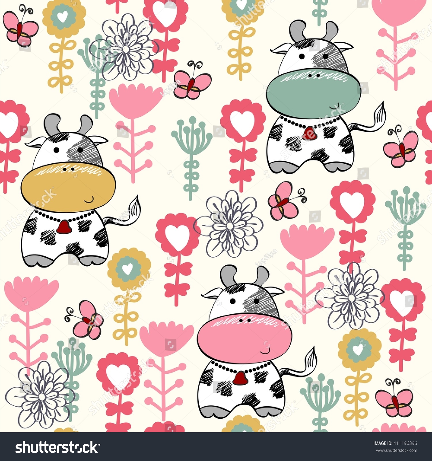 Vector Art Seamless Pattern With Cartoon Cow. - 411196396 : Shutterstock