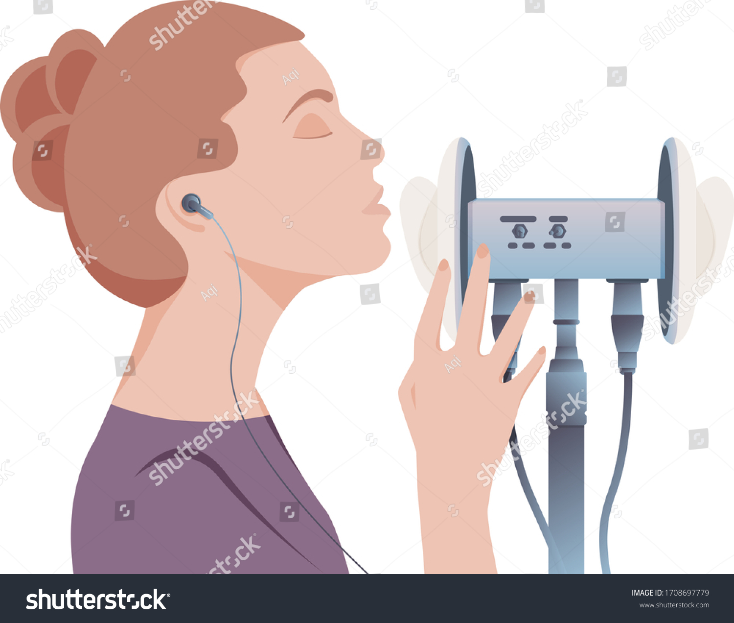 SVG of Vector ASMR concept. Young woman with brown hair use the binaural microphone to make massage, whisper, rustling. Blogger enjoying sound. Autonomous sensory meridian response. Illustration svg