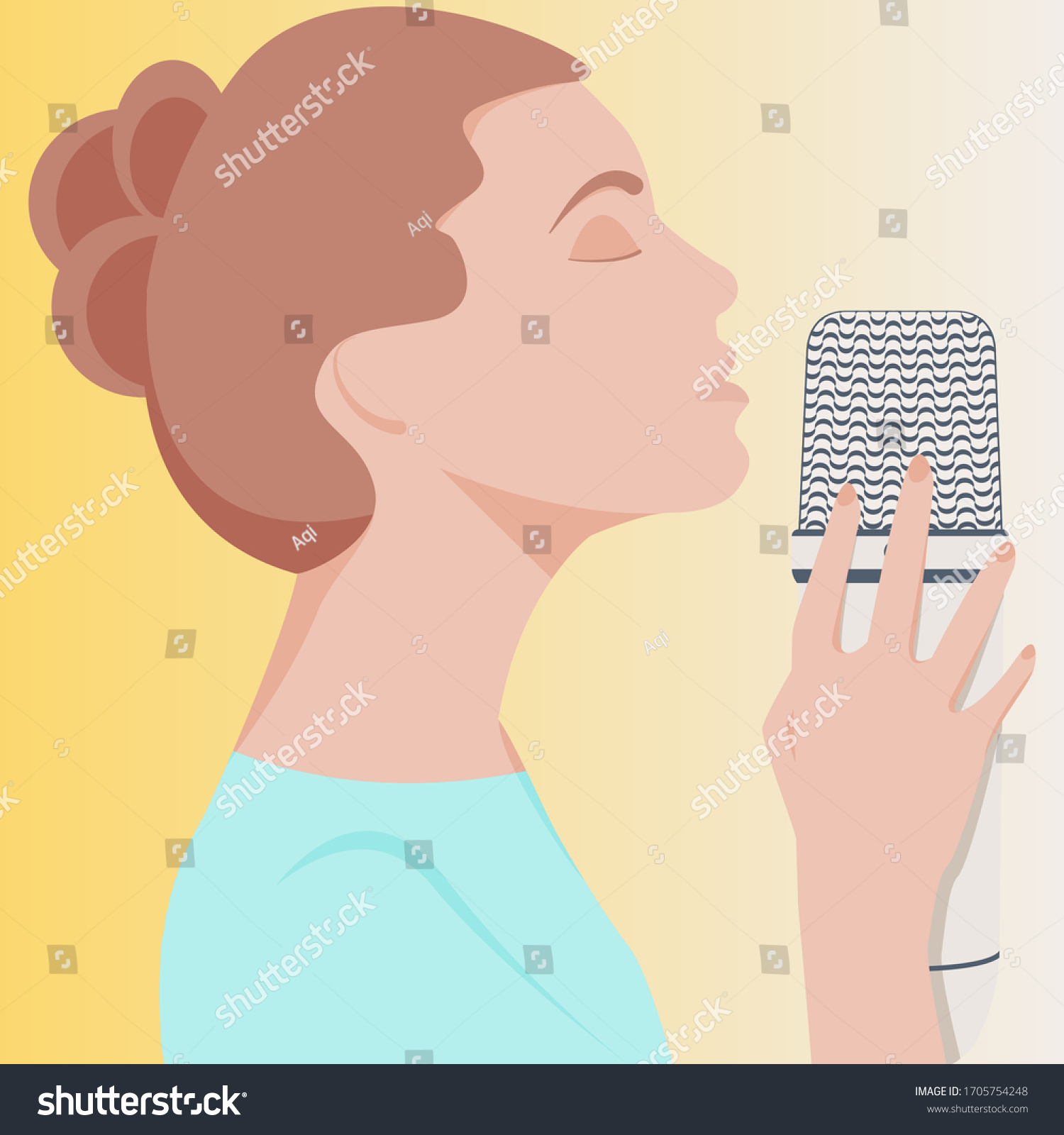 SVG of Vector ASMR concept. Young woman with close eyes and brown hair use the microphone to make massage, whisper, rustling. Girl blogger enjoying sound. Autonomous sensory meridian response. Illustration svg