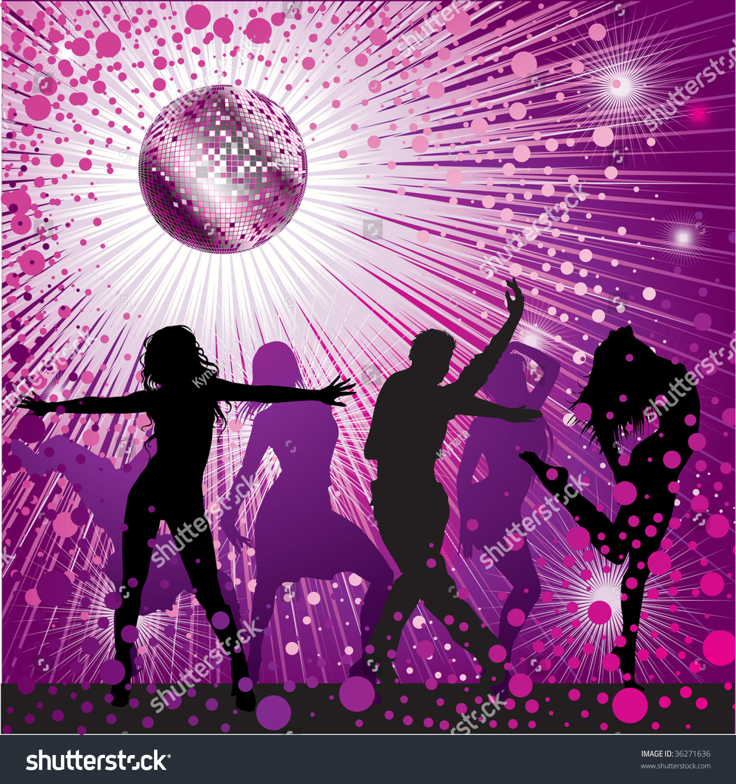 Vector Background With People Dancing In Night-Club, Disco-Ball And ...
