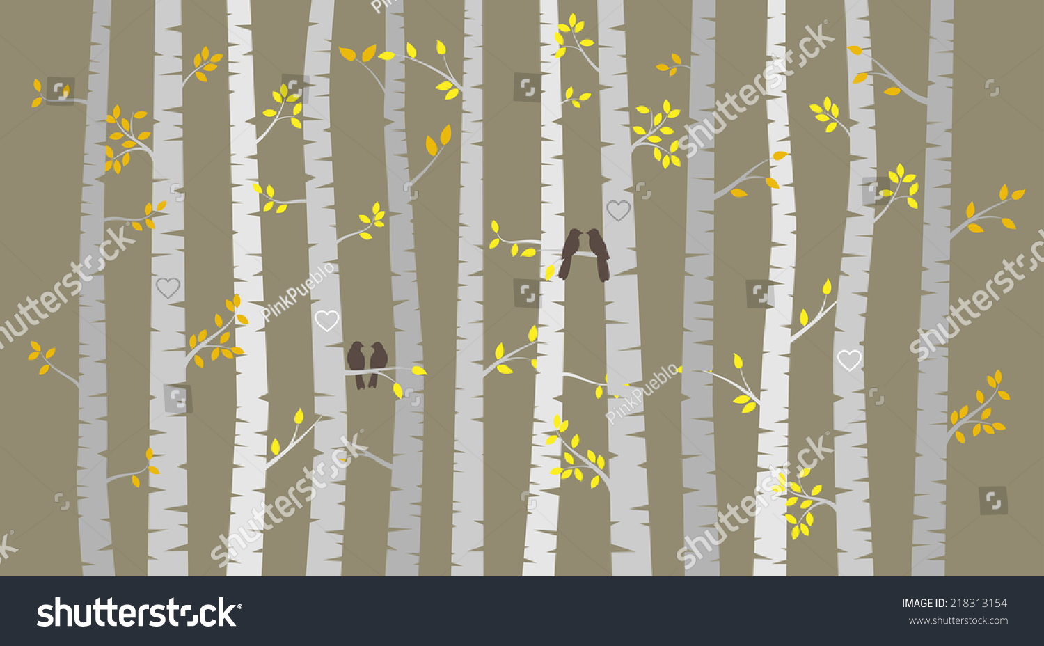 SVG of Vector Birch or Aspen Trees with Autumn Leaves and Love Birds svg