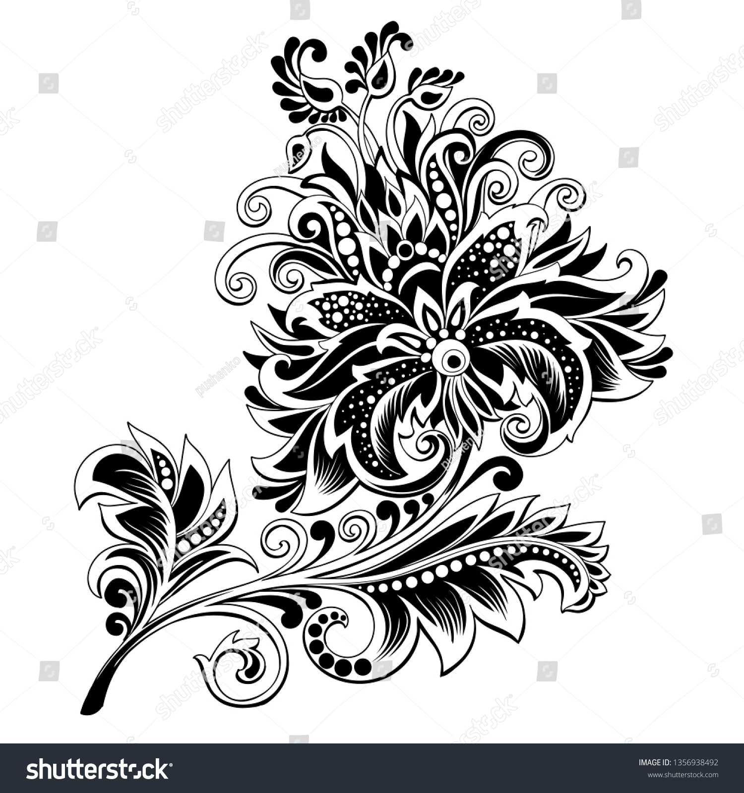 Vektor Stok Vector Black White Floral Clipart Tattoo Tanpa Royalti Shutterstock