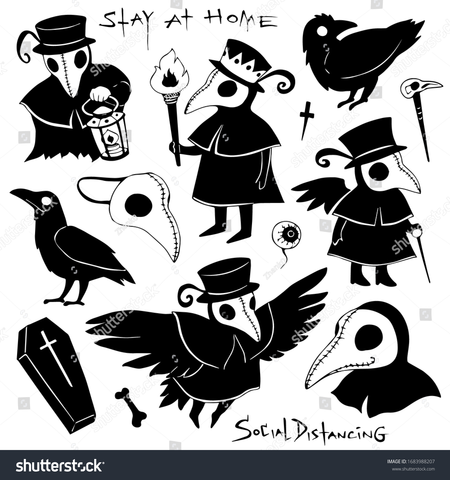 SVG of Vector black and white graphic cartoon pattern with plague doctors and crows isolated on the white background svg