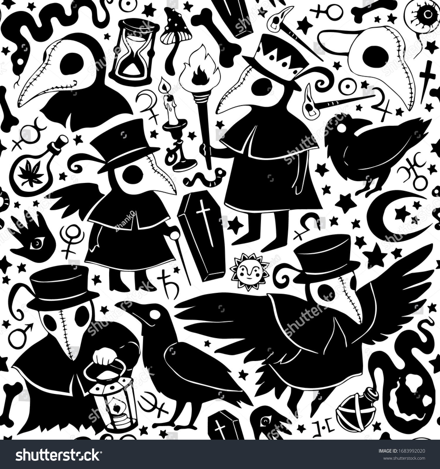 SVG of Vector black and white graphic cartoon pattern with plague doctors and crows isolated on the white background. Seamless pattern can be used for wallpaper, pattern fills, web page background, texture svg