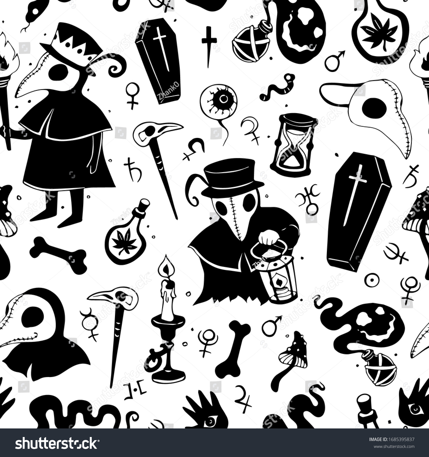 SVG of Vector black and white graphic cartoon pattern with plague doctors isolated on the white background. Seamless pattern can be used for wallpaper, pattern fills, web page background, texture svg