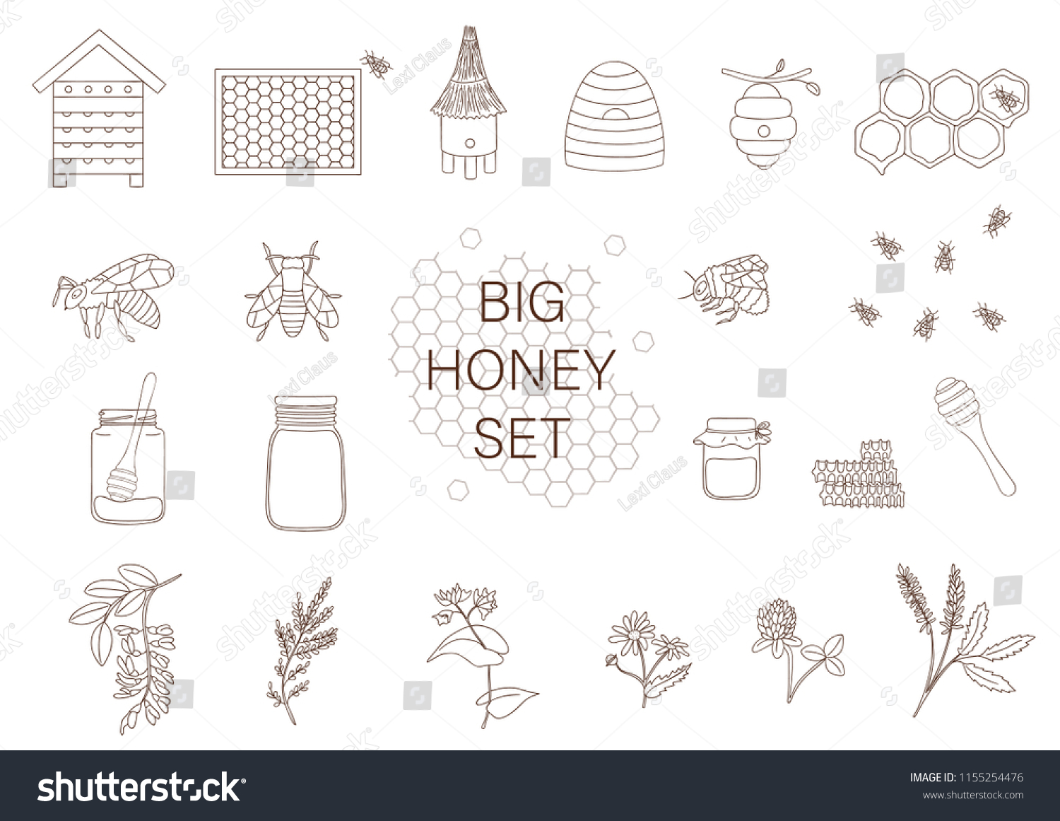 Vector Black White Set Honey Bee Stock Vector (Royalty Free) 1155254476