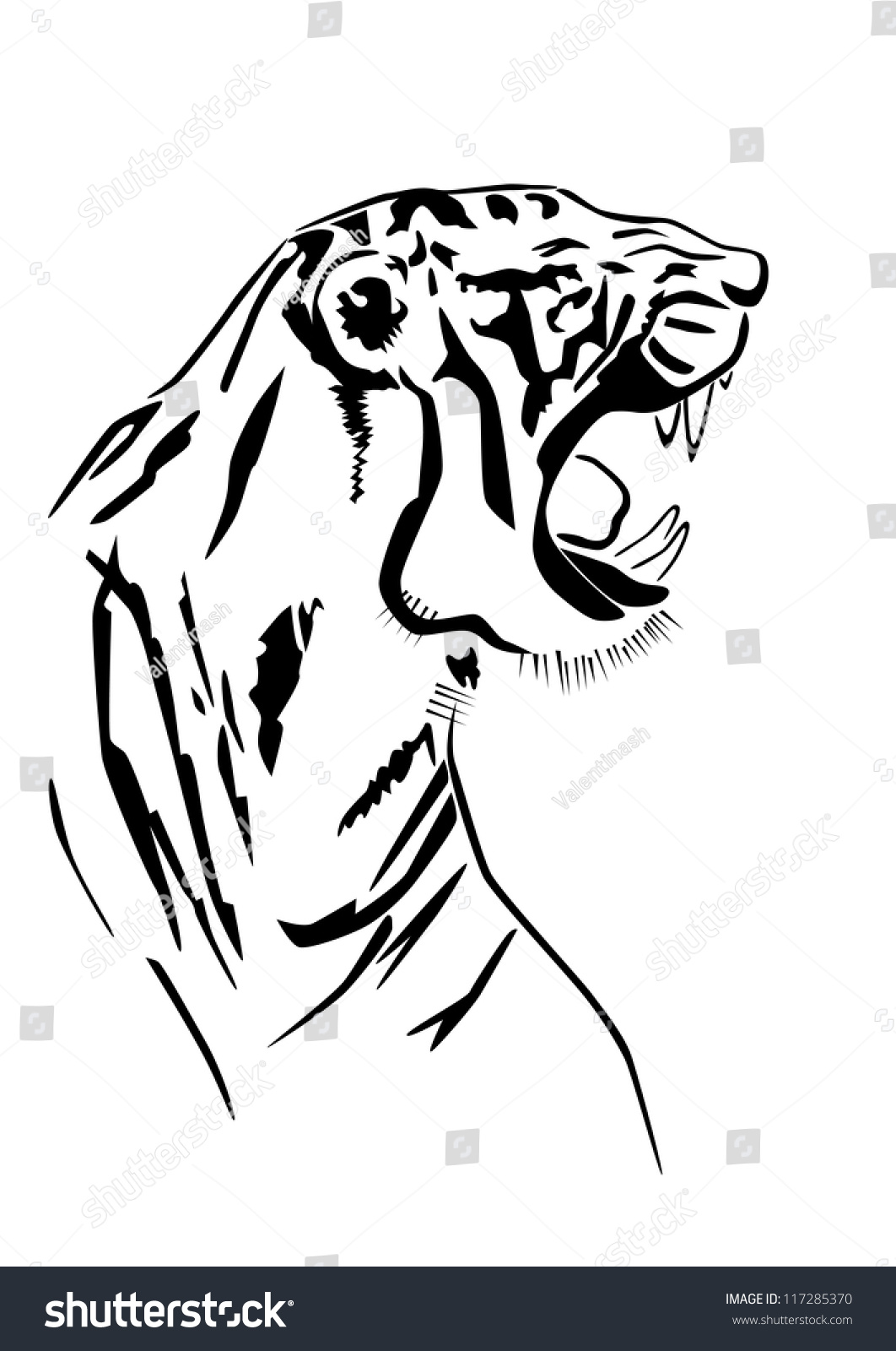 Vector Black And White Silhouette Of A Tiger With Open Jaws In Profile ...