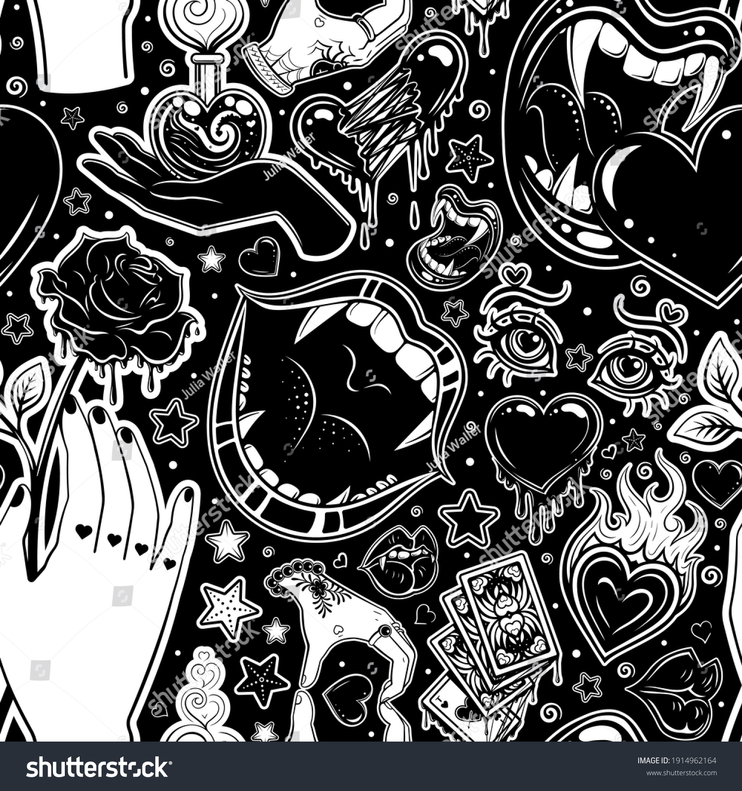 Vector Black White Tattoo Seamless Pattern Stock Vector (Royalty Free