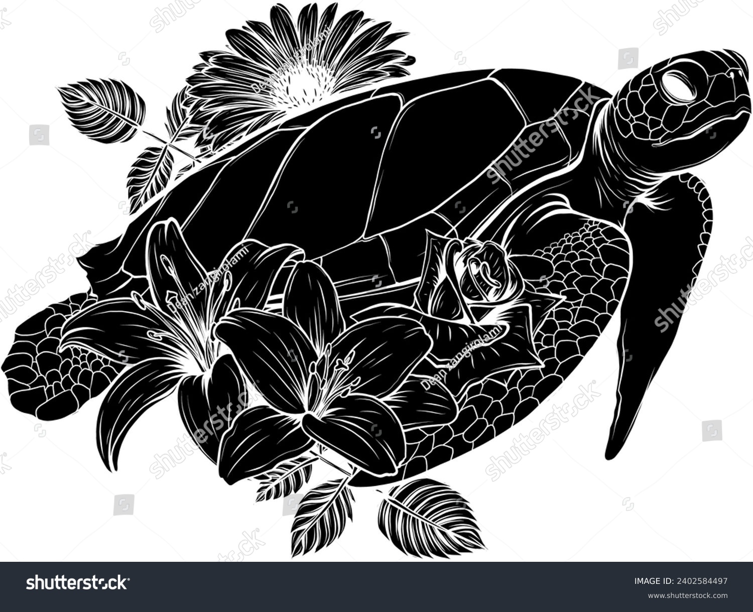 SVG of vector black silhouette of sea turtle with flower on white background svg