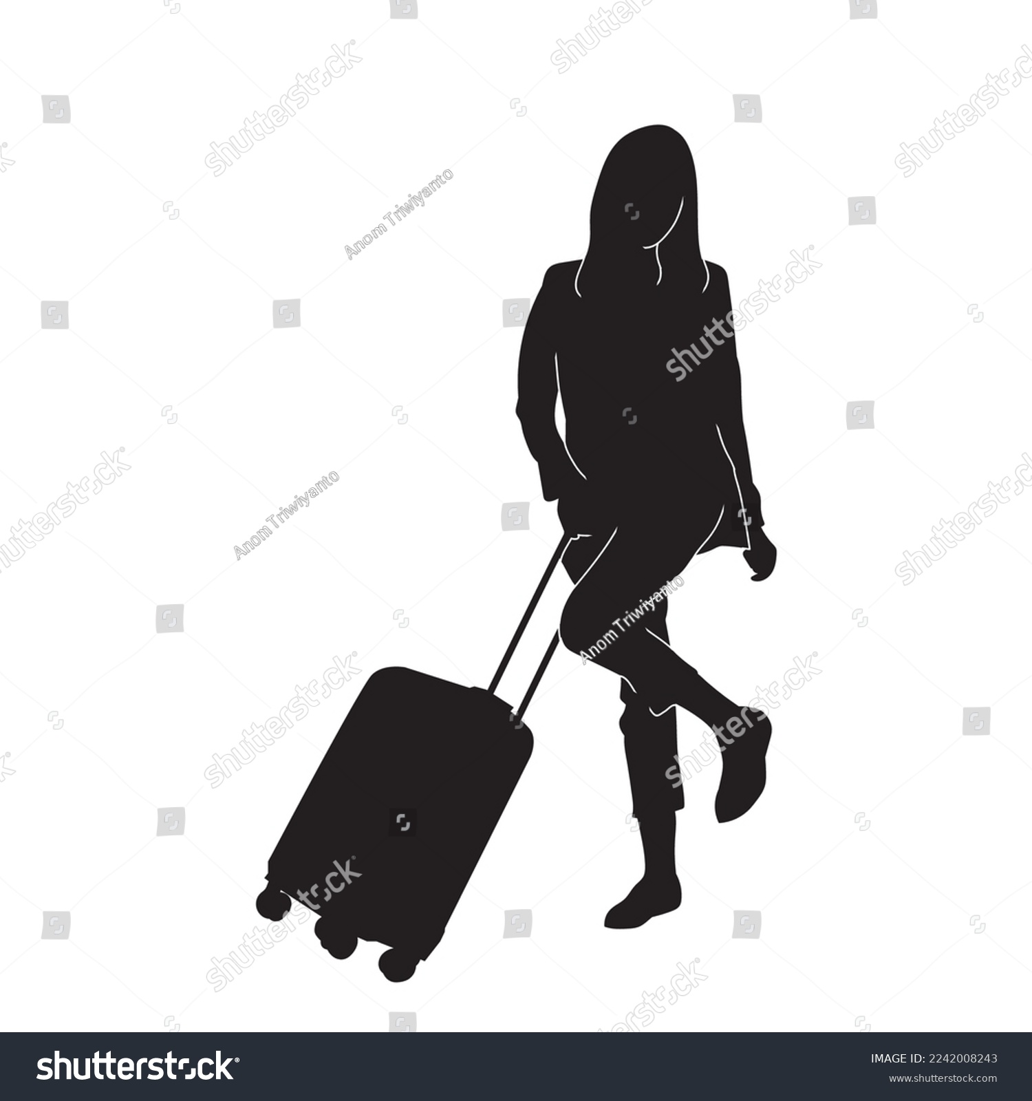 recommend clip art: Vector black silhouette of stewardess,  Air hostess Illustration walking with the suitcase.