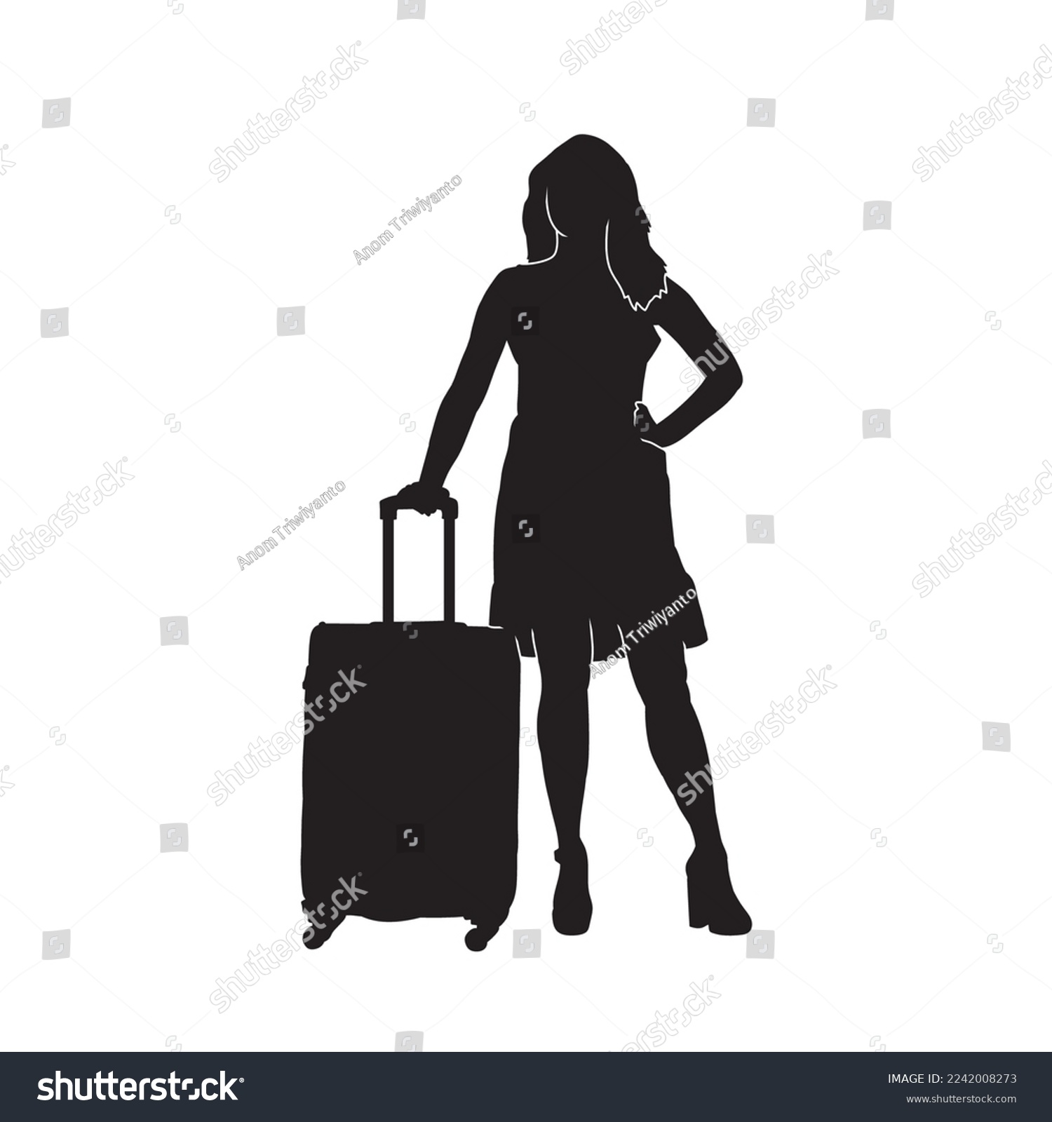 recommend clip art: Vector black silhouette of stewardess,  Air hostess Illustration walking with the suitcase.
