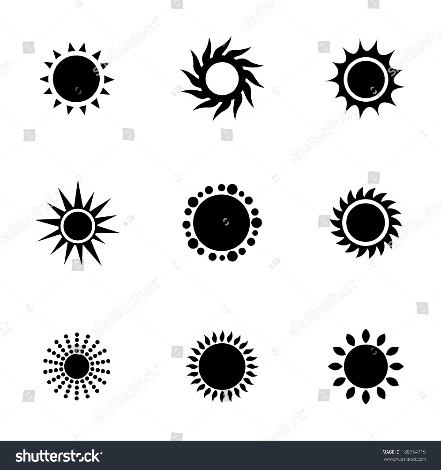 Vector Black Sun Icons Set On Stock Vector 185754719 - Shutterstock
