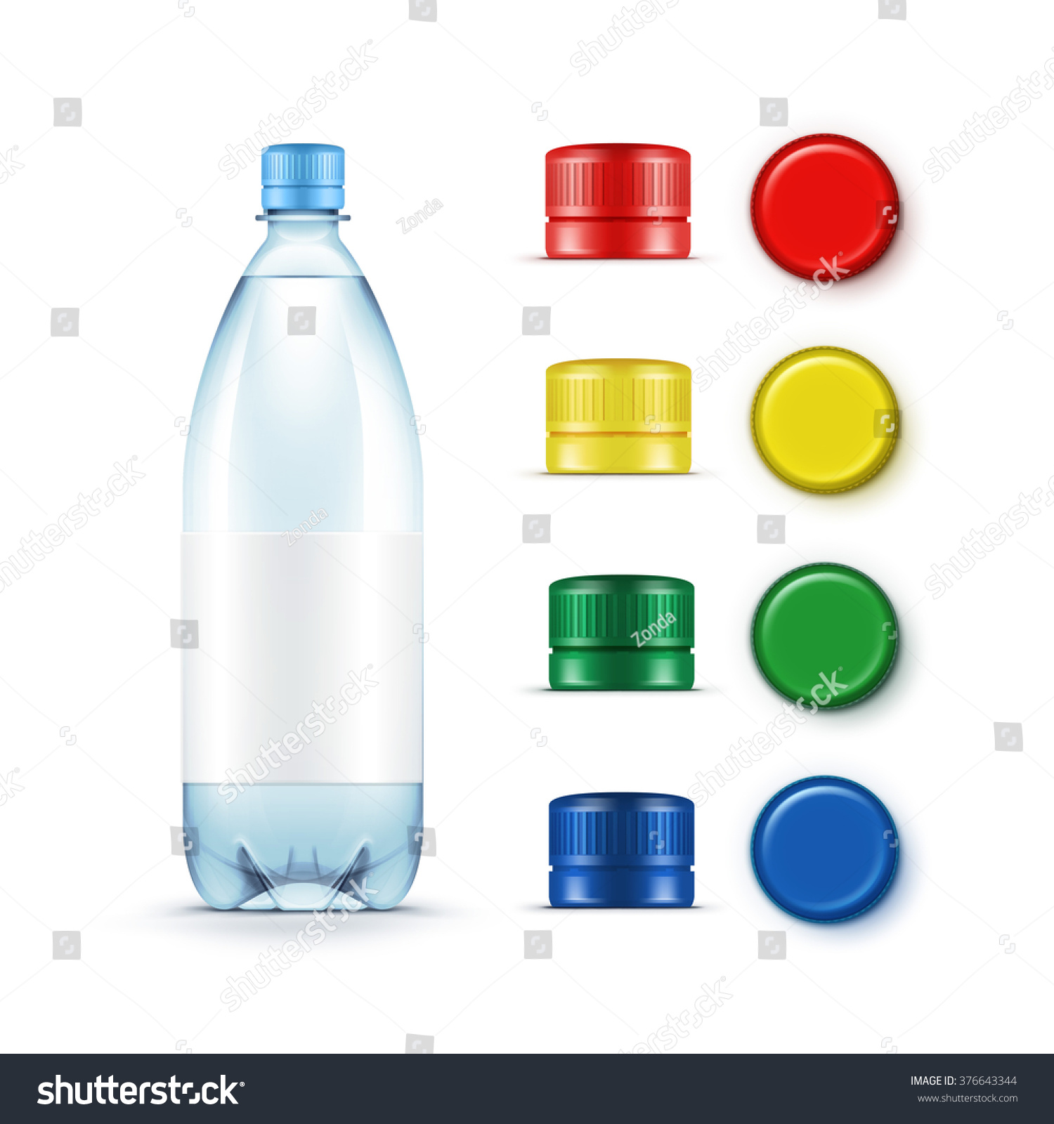 SVG of Vector Blank Plastic Blue Water Bottle with Set of Multicolored Red Yellow Green Caps Isolated on White Background svg