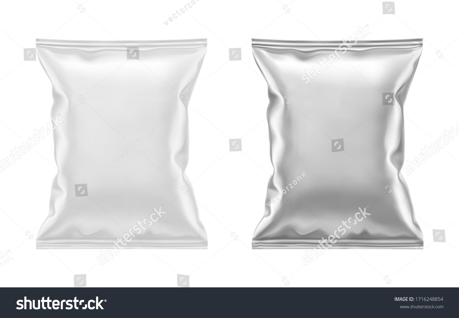SVG of Vector blank white plastic and silver metallic foil bag for packaging design. Mockup template for food snack, chips, cookies, peanuts, candy. Realistic illustration Isolated on white background svg
