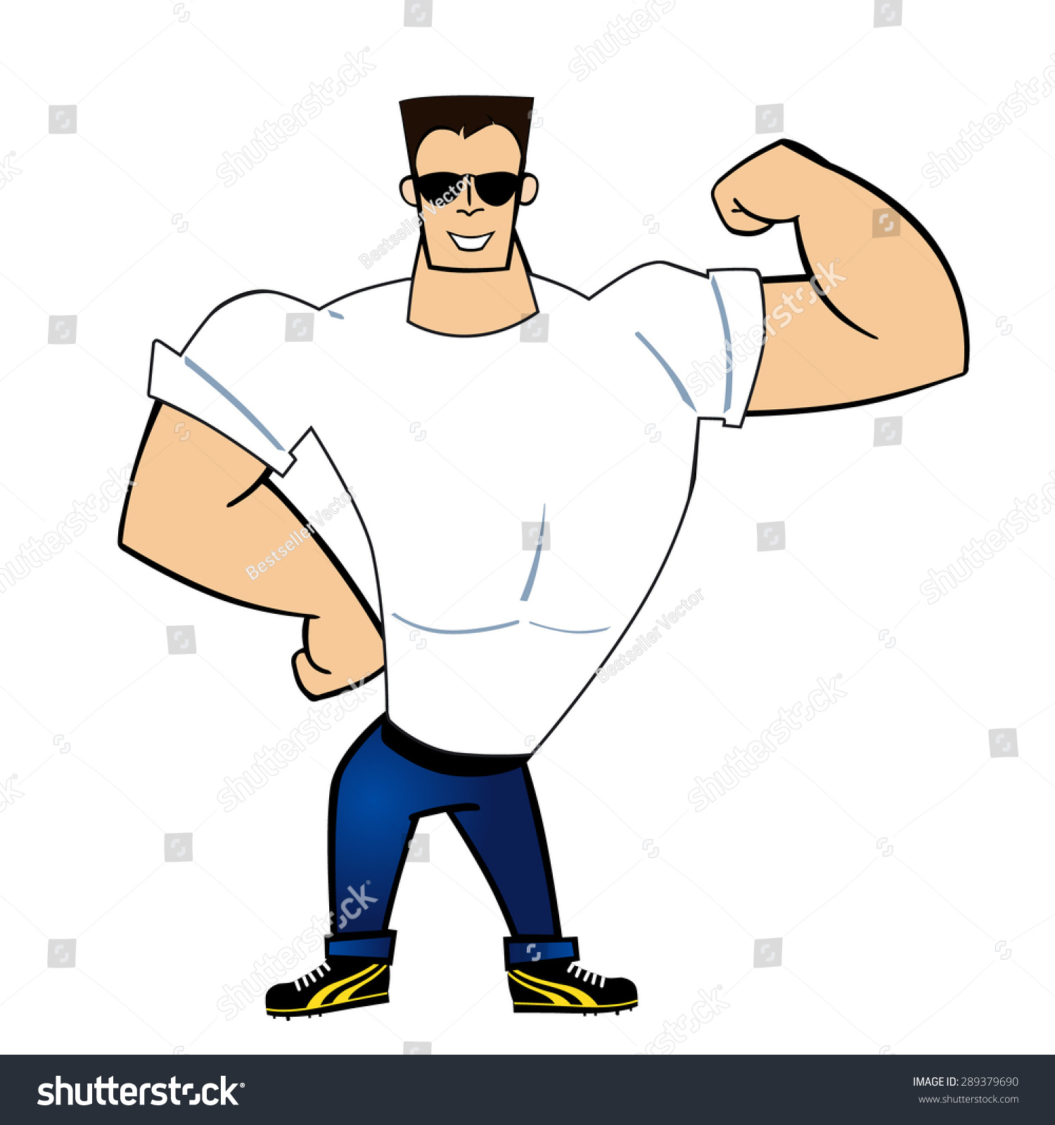 Vector Bodybuilder Sunglasses Shows His Muscles Stock Vector (Royalty ...