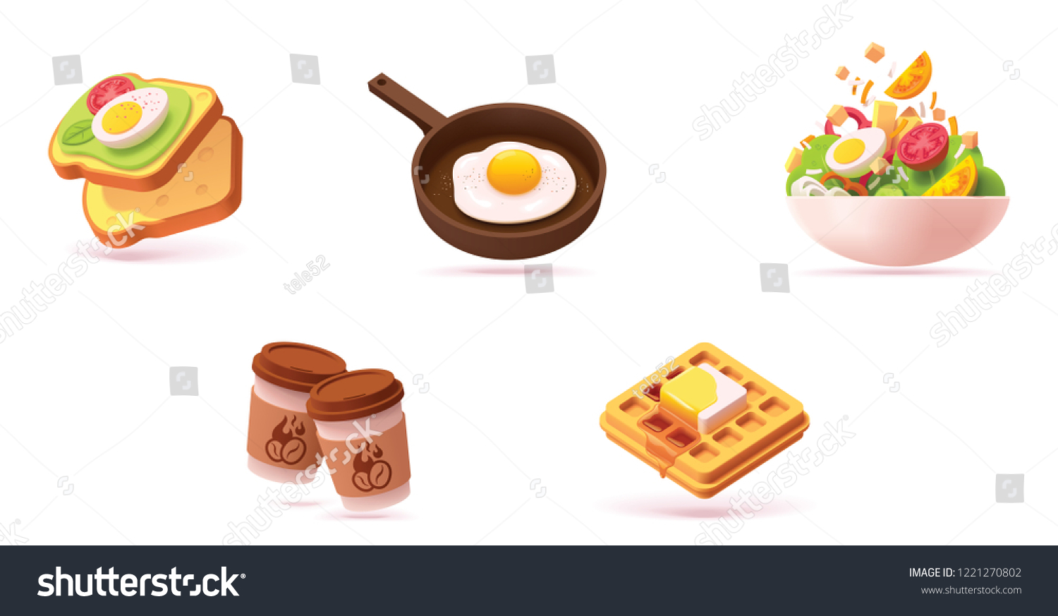 SVG of Vector breakfast icon set. Includes illustrations avocado toasts with egg, fried egg, salad, waffle with maple syrup and coffee svg