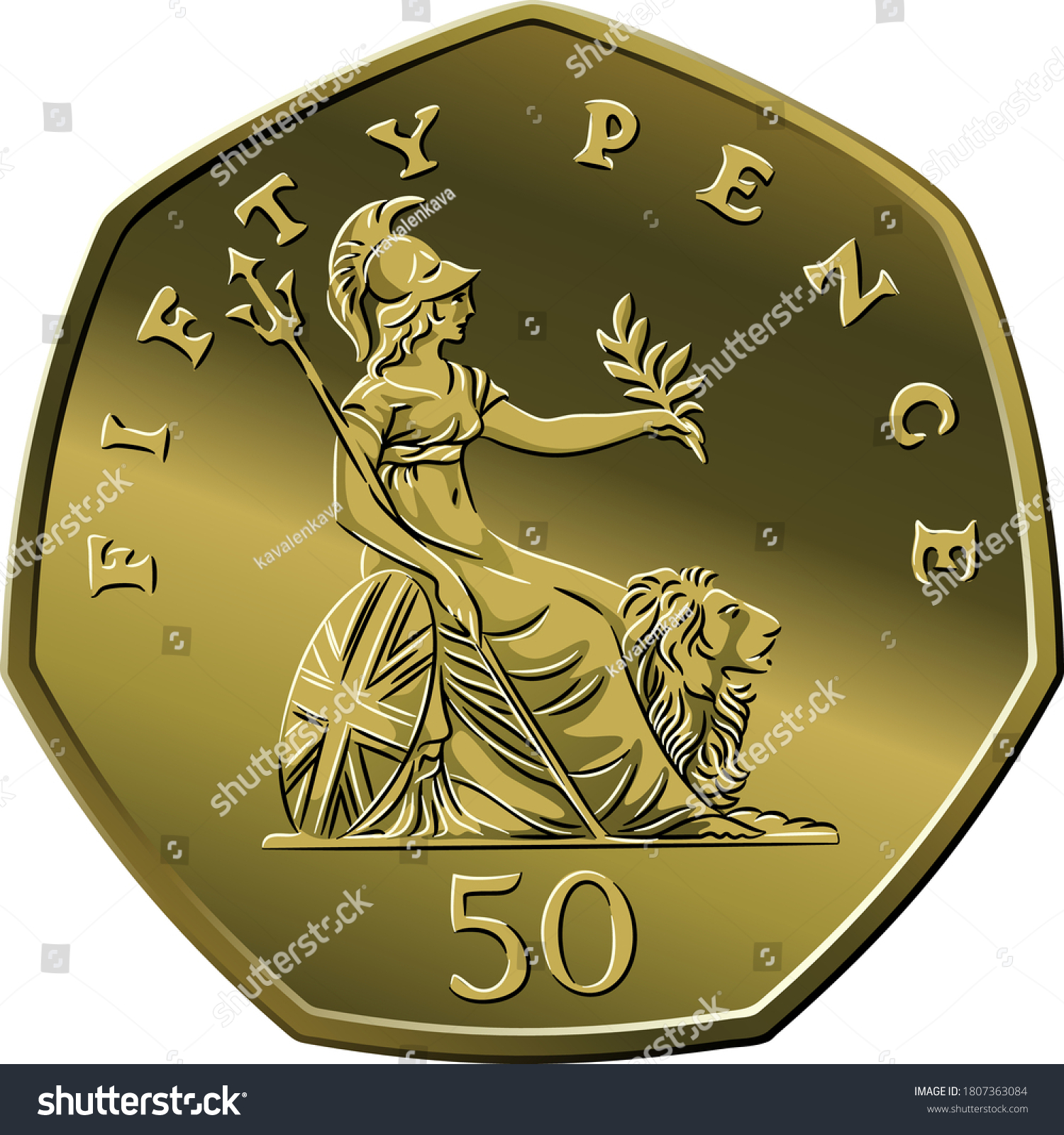 SVG of Vector British money gold coin fifty pee or pence, reverse with seated Britannia alongside lion, with olive branch and trident svg