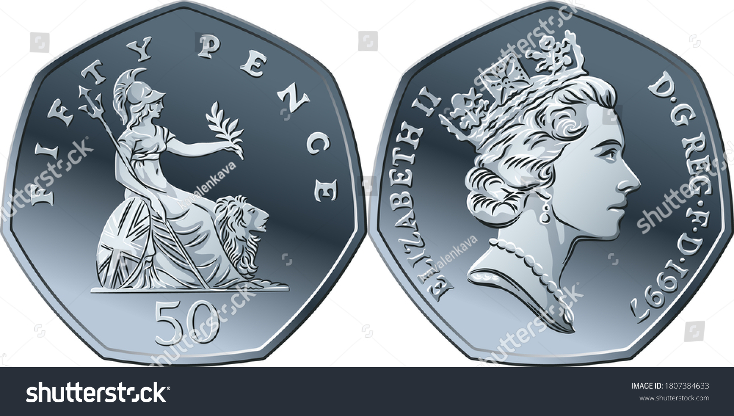 SVG of Vector British money silver coin fifty pee or pence, obverse and reverse with seated Britannia alongside lion, with olive branch and trident svg