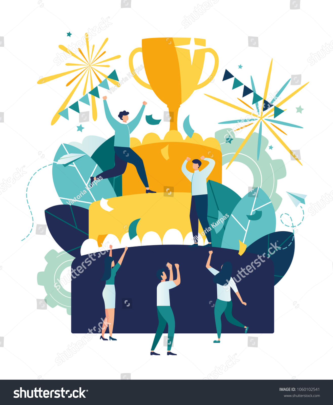 SVG of Vector business illustration, leadership qualities in a creative team, direction to a successful path, little people standing on a large cake are happy for the winner, a successful career path, vector svg