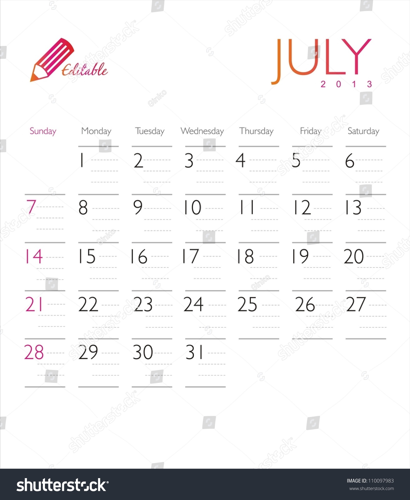 Vector Calendar 2013 July - 110097983 : Shutterstock