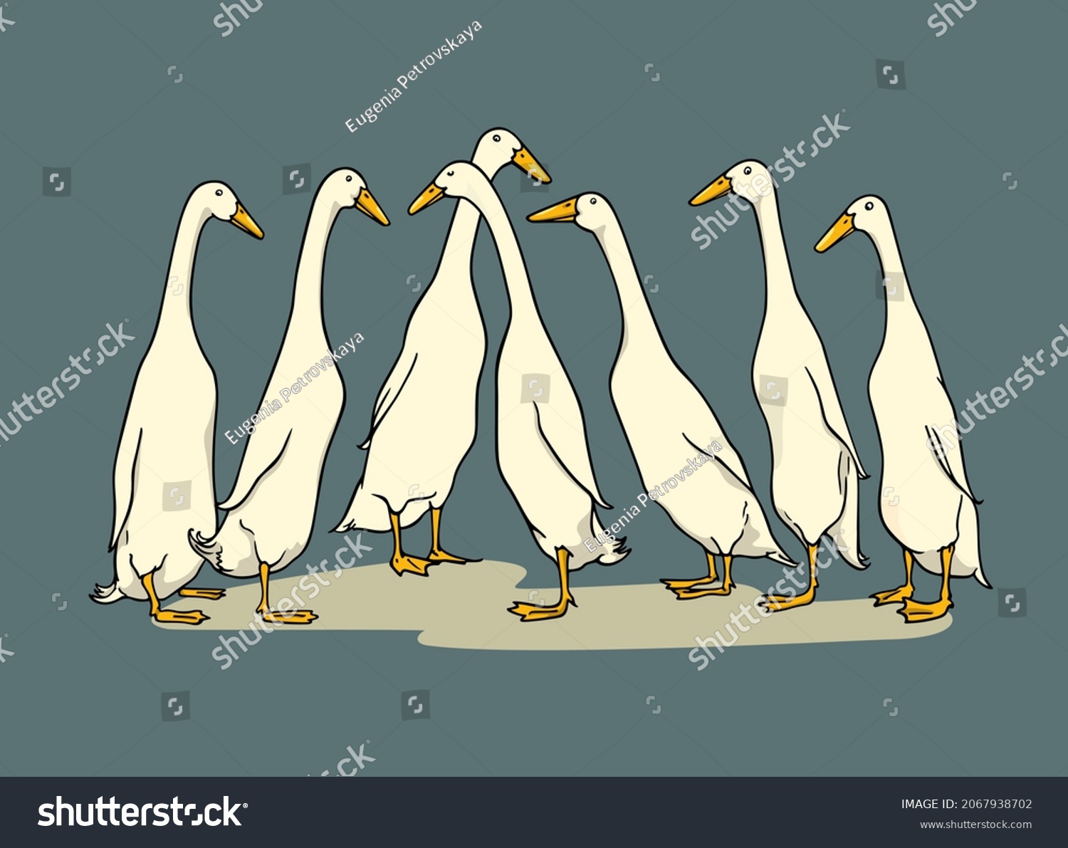 SVG of Vector card with a flock of cute hand drawn white Indian Runner ducks. Ink drawing, graphic style. Beautiful farm products design elements. svg
