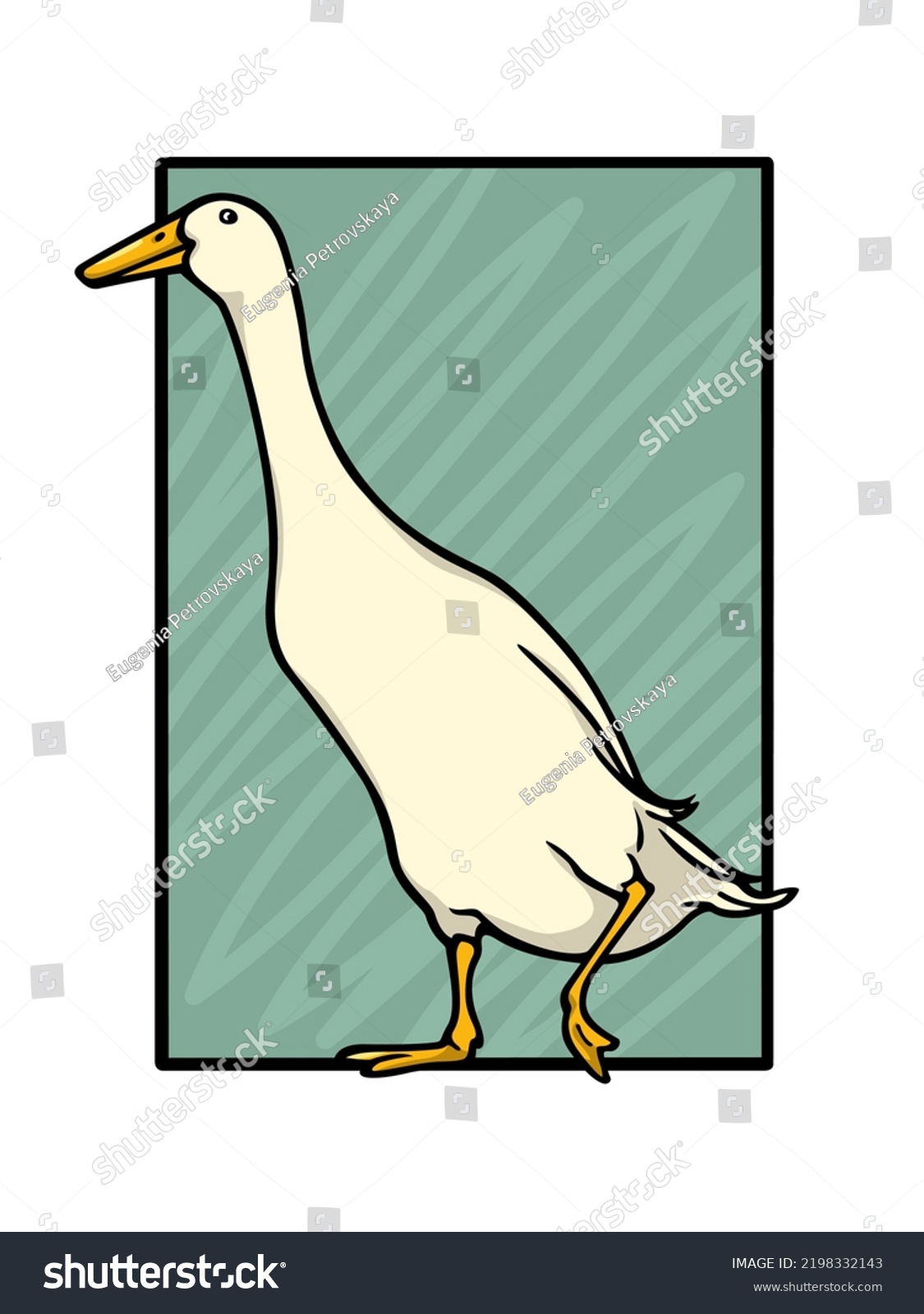 SVG of Vector card with a hand drawn portrait of a cute white Indian Runner duck in austere frame. Ink drawing, graphic style. Beautiful farm products design elements. svg