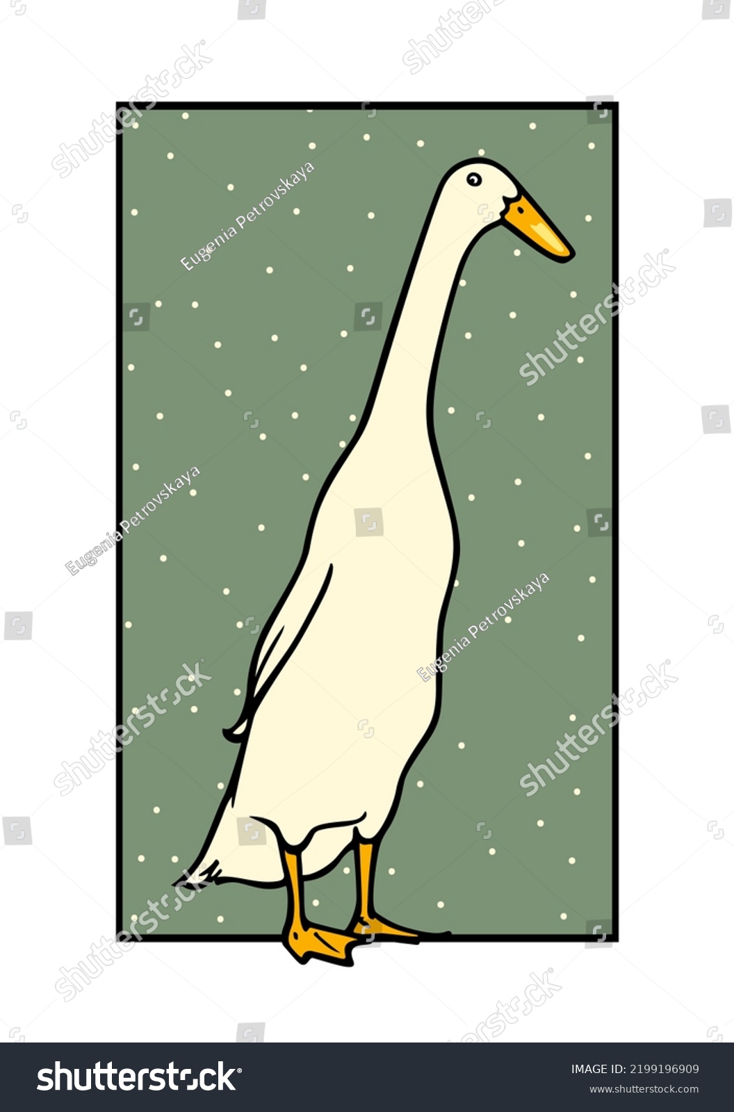 SVG of Vector card with a hand drawn portrait of a cute white Indian Runner duck on polka dots background in austere frame. Ink drawing, graphic style. Beautiful farm products design elements. svg