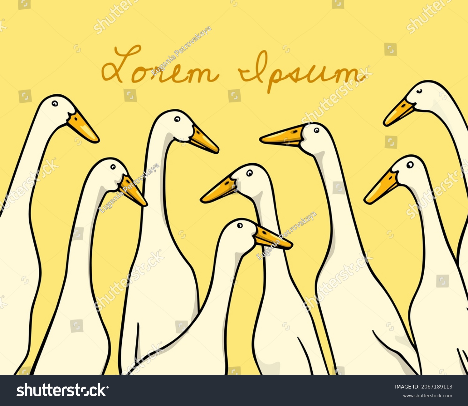 SVG of Vector card with a hand drawn portrait of a group of cute white Indian Runner ducks. Ink drawing, graphic style. Beautiful farm products design elements. svg