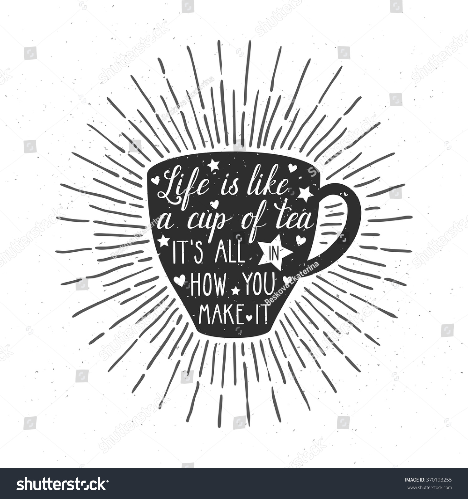 Vector card with cup silhouette sunbursts and hand written text "Life is like