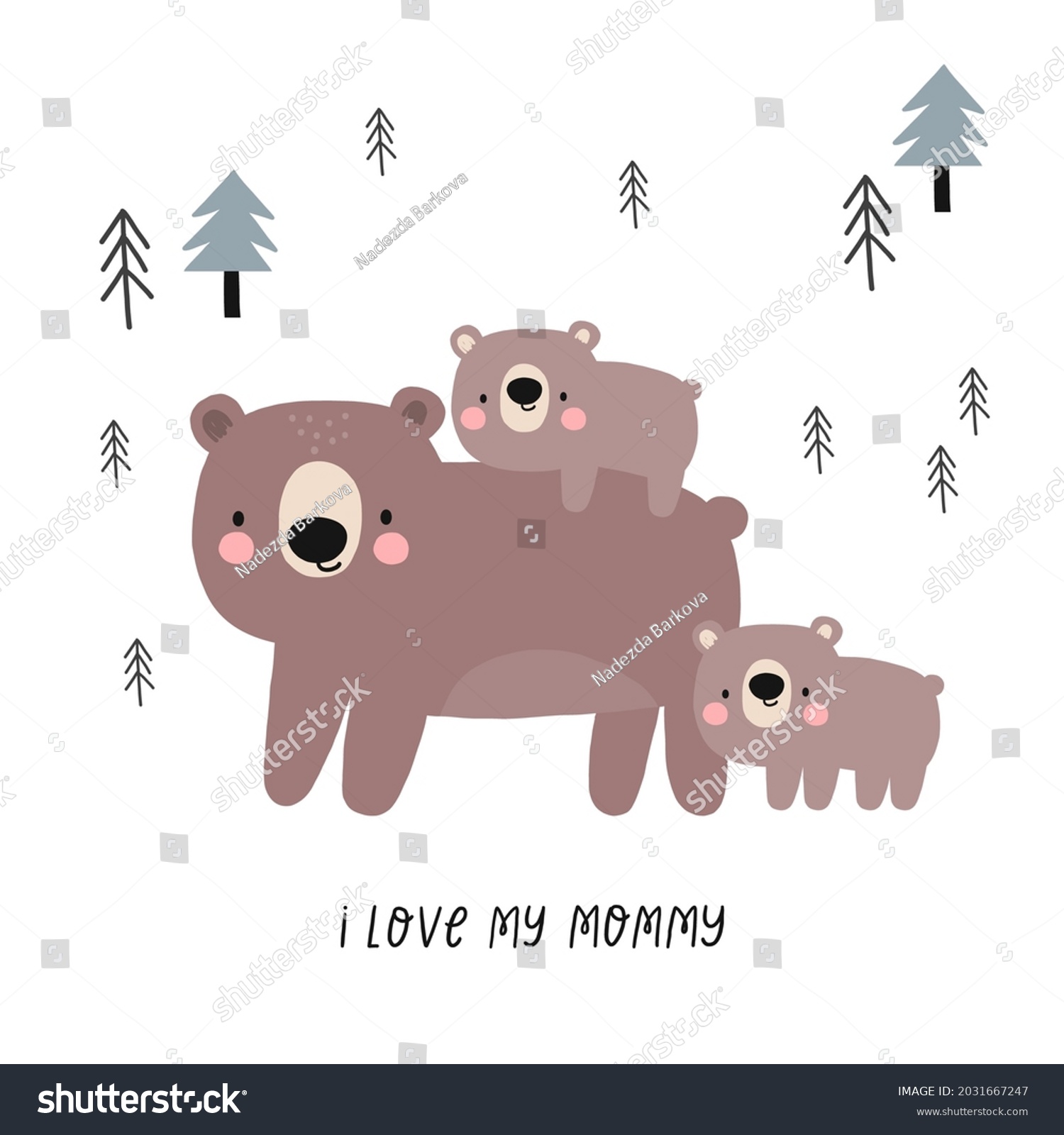 SVG of Vector card with cute Bear. Flat style print for kids. Mom and baby cute cartoon Bear character. Mother's Day card. Hand drawn lettering - i love my mommy svg