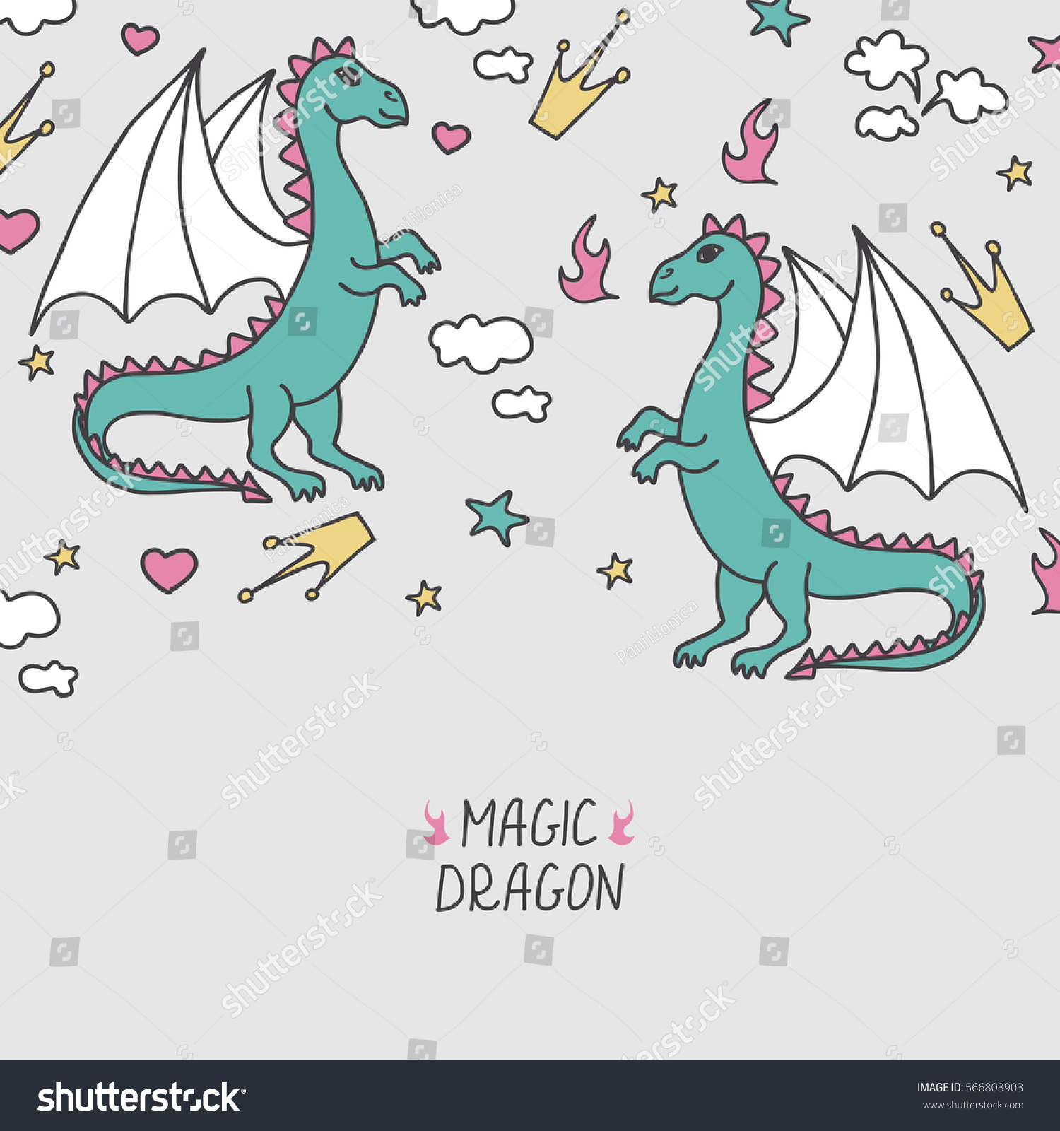 Vector Card Cute Cartoon Dragons Magic Stock Vektorgrafik Lizenzfrei