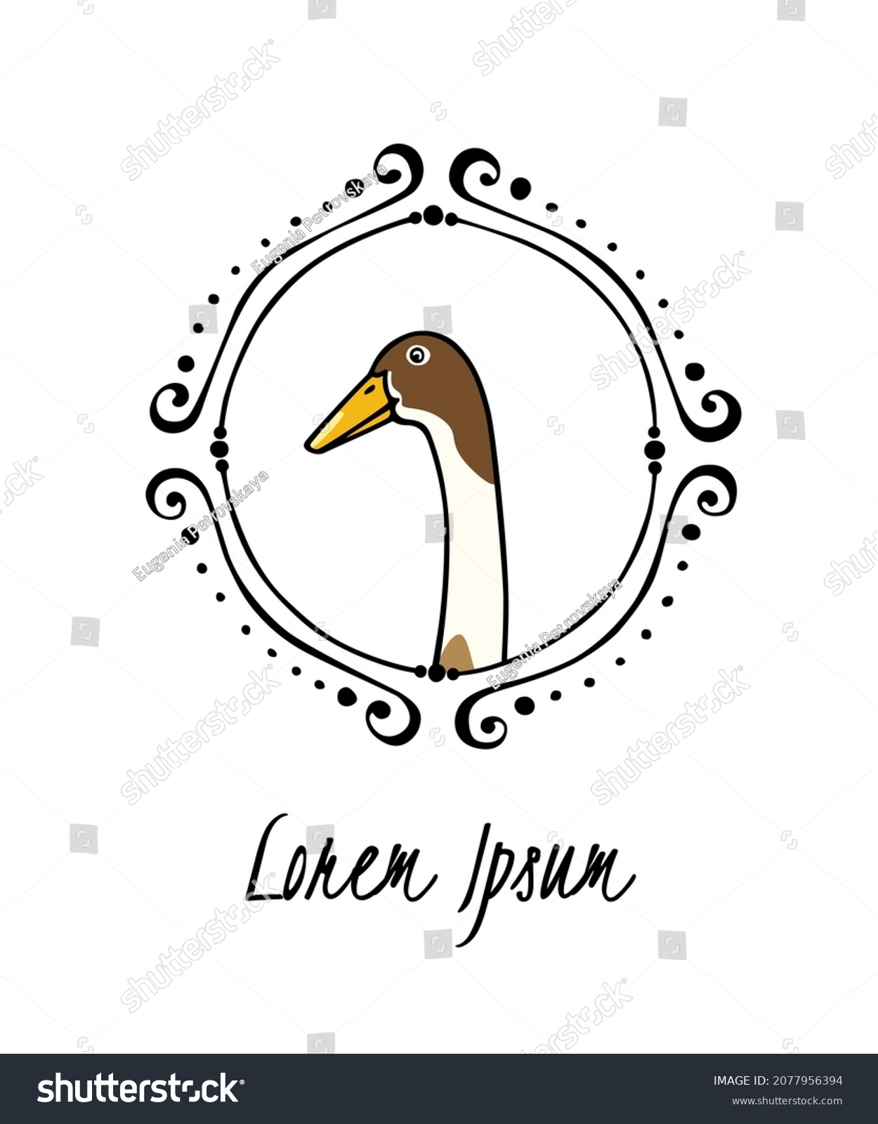 SVG of Vector card with hand drawn portrait of a cute fawn and white Indian Runner duck in elegant vintage frame. Ink drawing, graphic style. Beautiful farm products design elements. svg