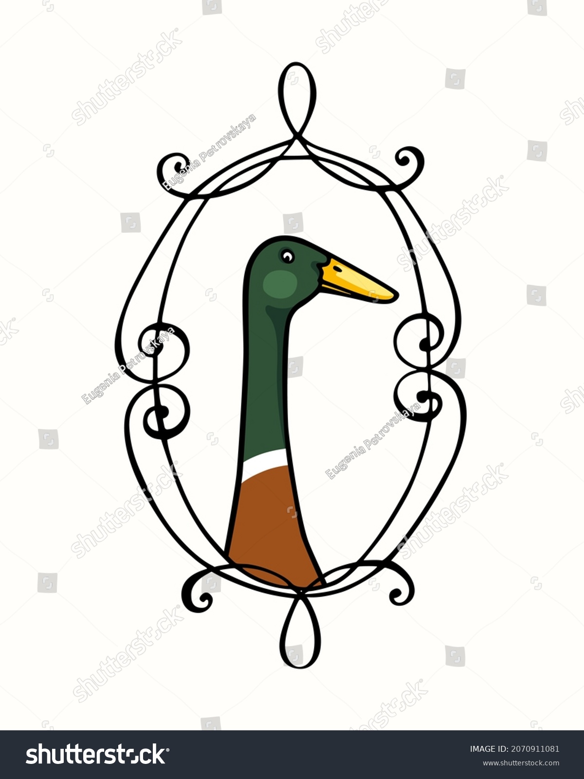 SVG of Vector card with hand drawn portrait of a cute Mallard Indian Runner duck in elegant vintage frame. Ink drawing, graphic style. Beautiful farm products design elements. svg