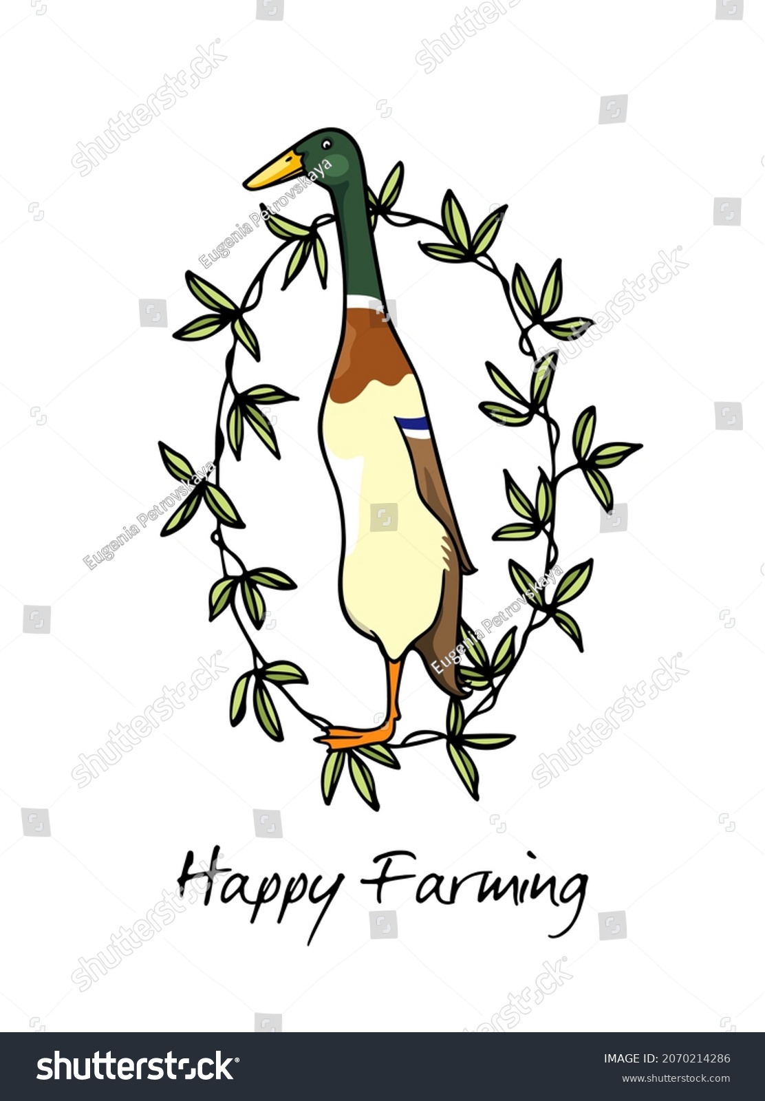 SVG of Vector card with hand drawn portrait of a cute Mallard Indian Runner duck in floral wreath. Ink drawing, graphic style. Beautiful farm products design elements. svg