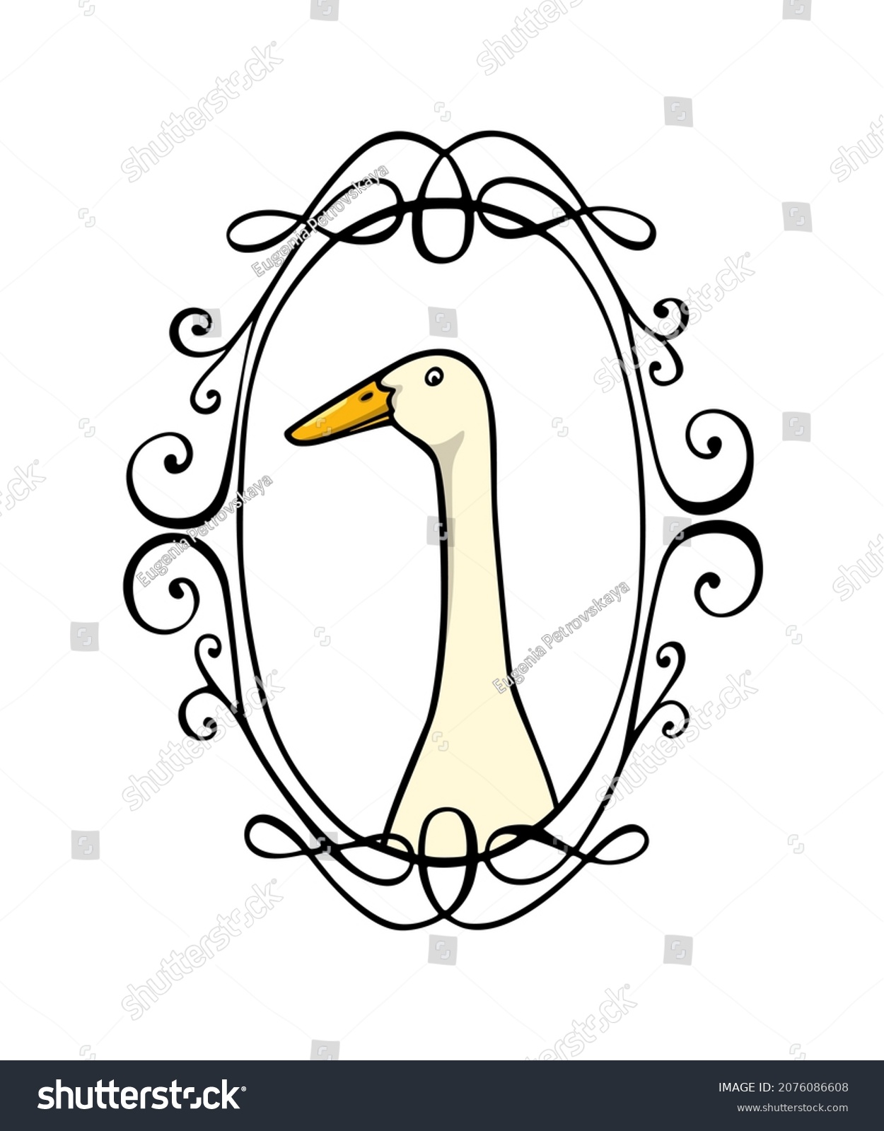 SVG of Vector card with hand drawn portrait of a cute white Indian Runner duck in elegant vintage frame. Ink drawing, graphic style. Beautiful farm products design elements. svg