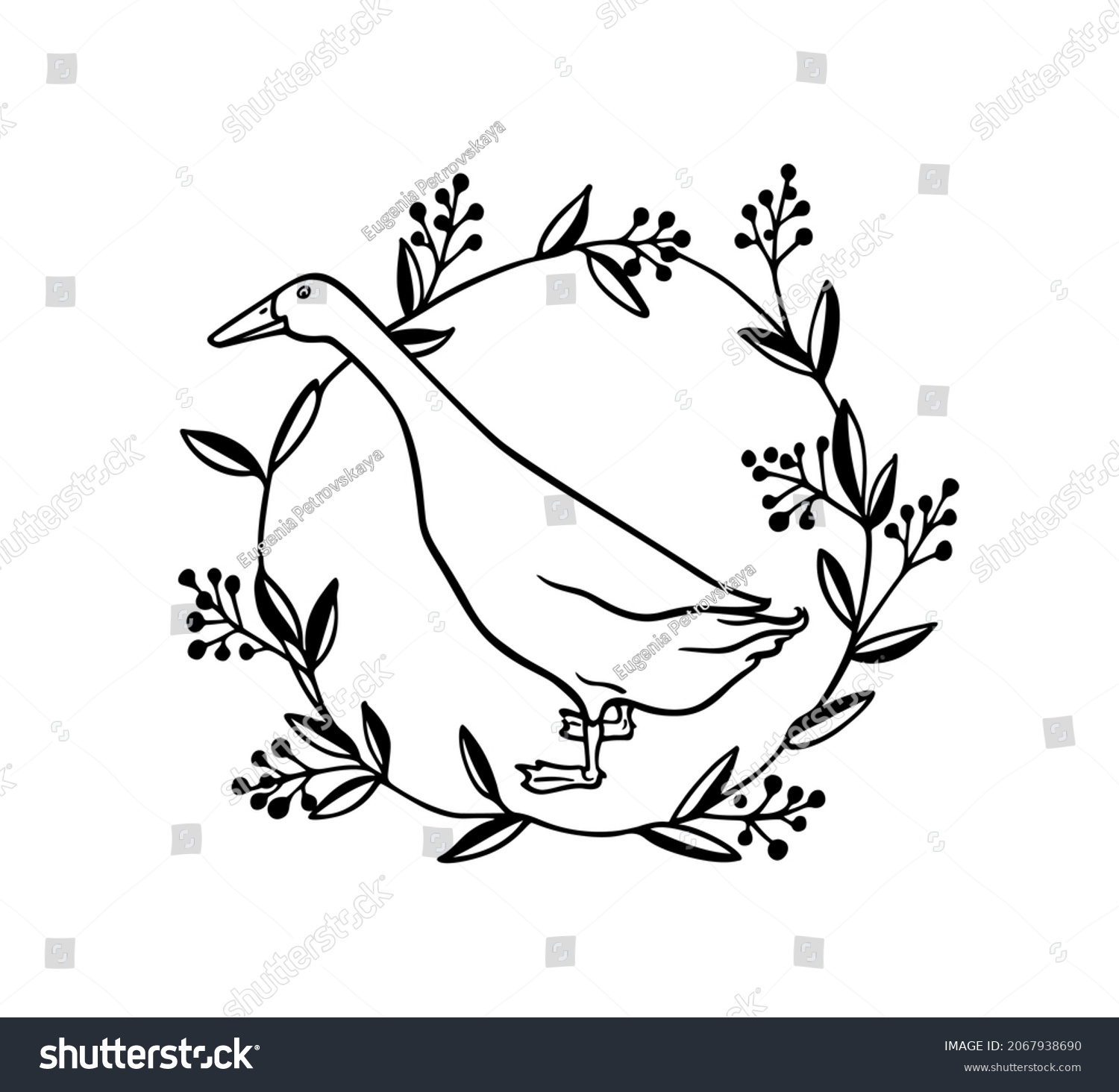 SVG of Vector card with hand drawn portrait of a cute white Indian Runner duck in floral wreath. Ink drawing, graphic style. Beautiful farm products design elements. svg