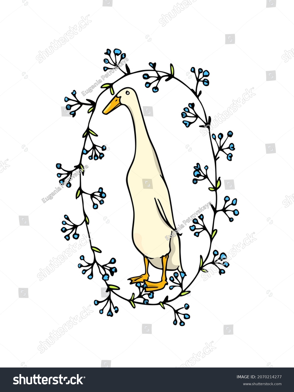 SVG of Vector card with hand drawn portrait of a cute white Indian Runner duck in floral wreath. Ink drawing, graphic style. Beautiful farm products design elements. svg