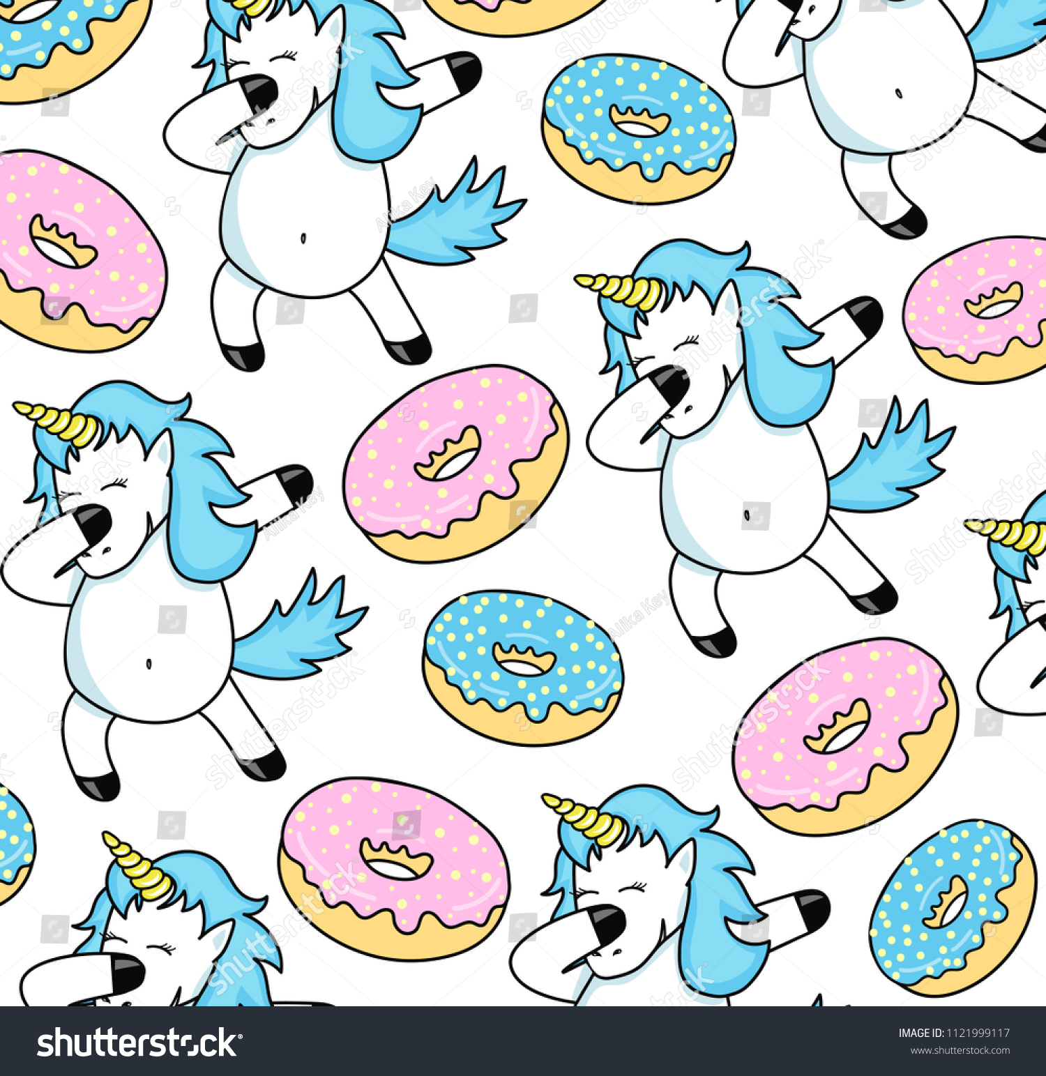 SVG of Vector card with unicorn and donuts. Wrapping paper or fabric. Dabbing Unicorn,  cute funny unicorn dancing. Texture for menu, booklet, banner, website. Vector illustration.  svg