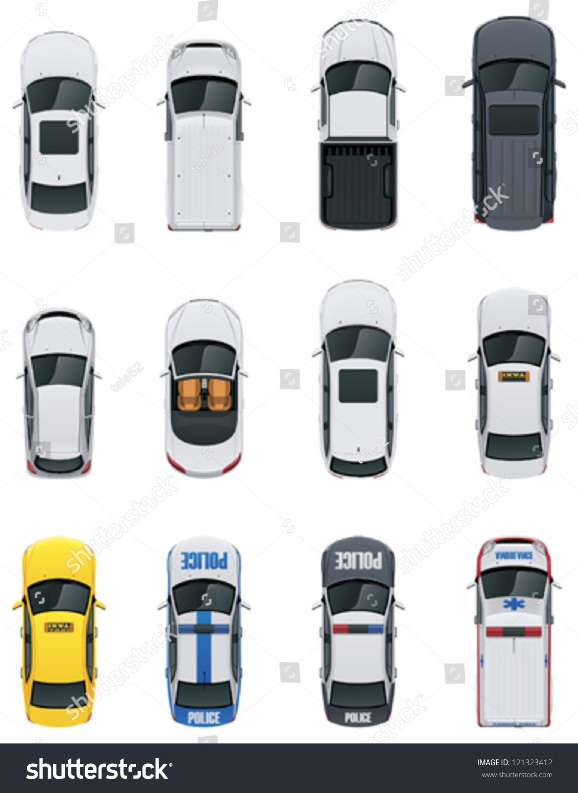 SVG of Vector cars icon set. From above view. Includes sedan, commercial van, truck, wagon, cabrio, sport car, hatchback, taxi, police and ambulance vehicles svg
