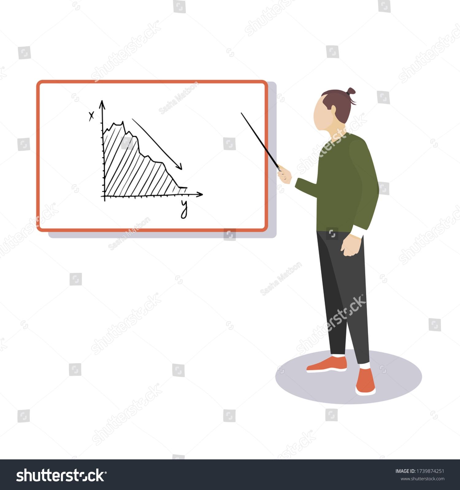 SVG of Vector cartoon character of a man standing at a white board with a pointer in his hand. Drawn in flat style for business design and educational concepts. Male teacher or student at the blackboard svg