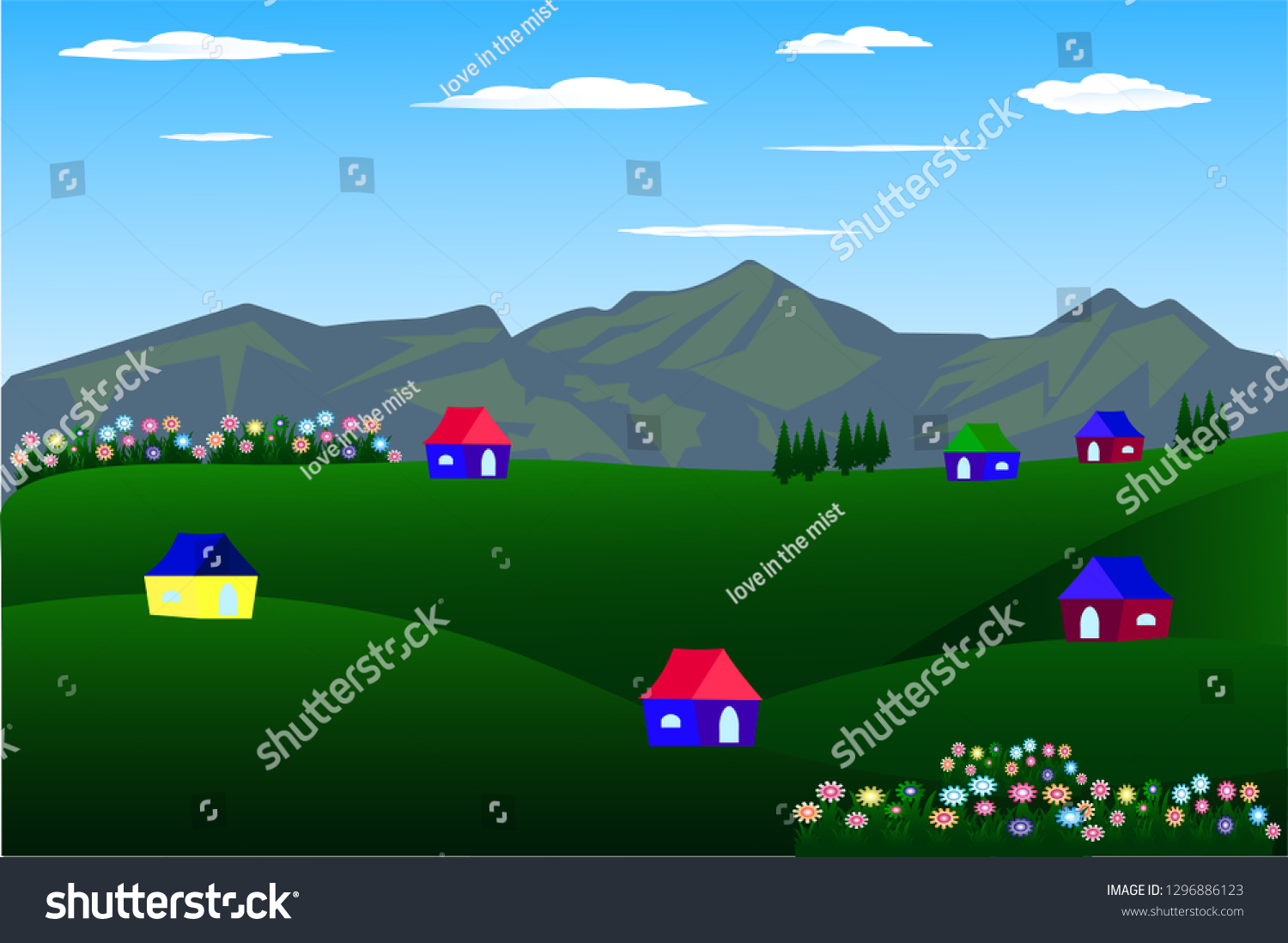 Vector Cartoon Design Beautiful Green Landscape Stock Vector (Royalty ...