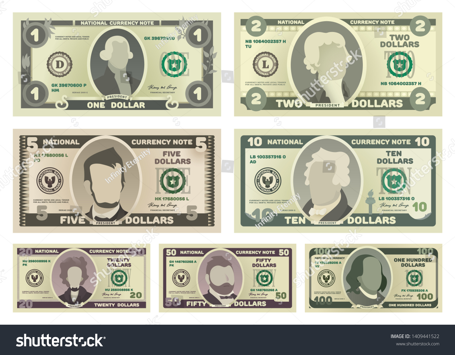 SVG of Vector cartoon dollar banknotes isolated on white background illustration. Every denomination of US currency note. svg