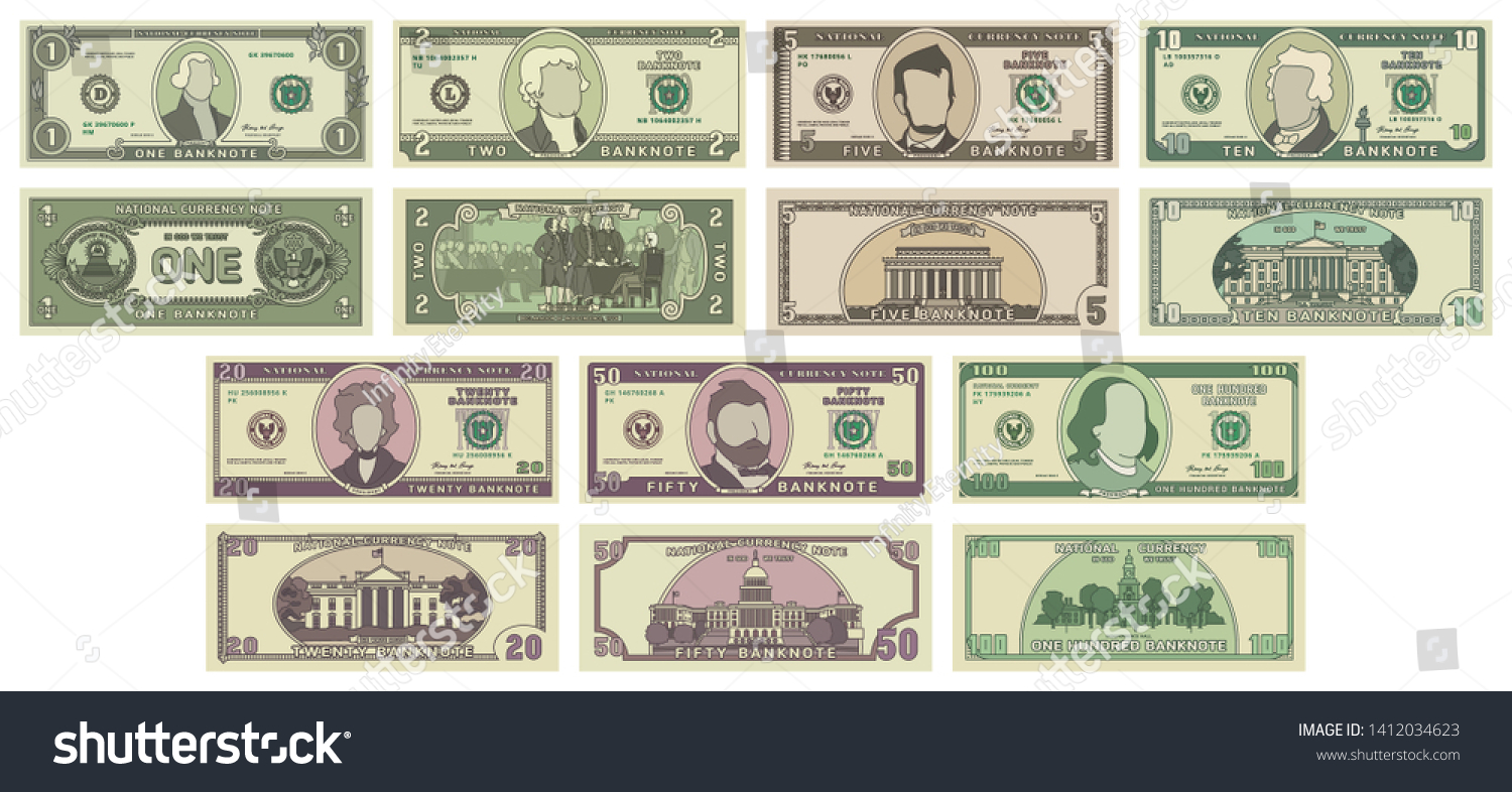 SVG of Vector cartoon dollar banknotes isolated on white background illustration. Every denomination of US currency note. Back sides of money bills svg