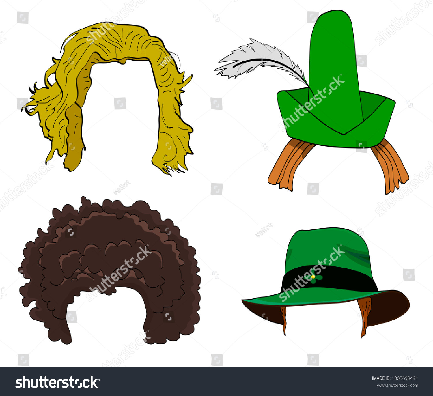 SVG of Vector cartoon doodle set of wigs with hats, afro wig on a white background. svg