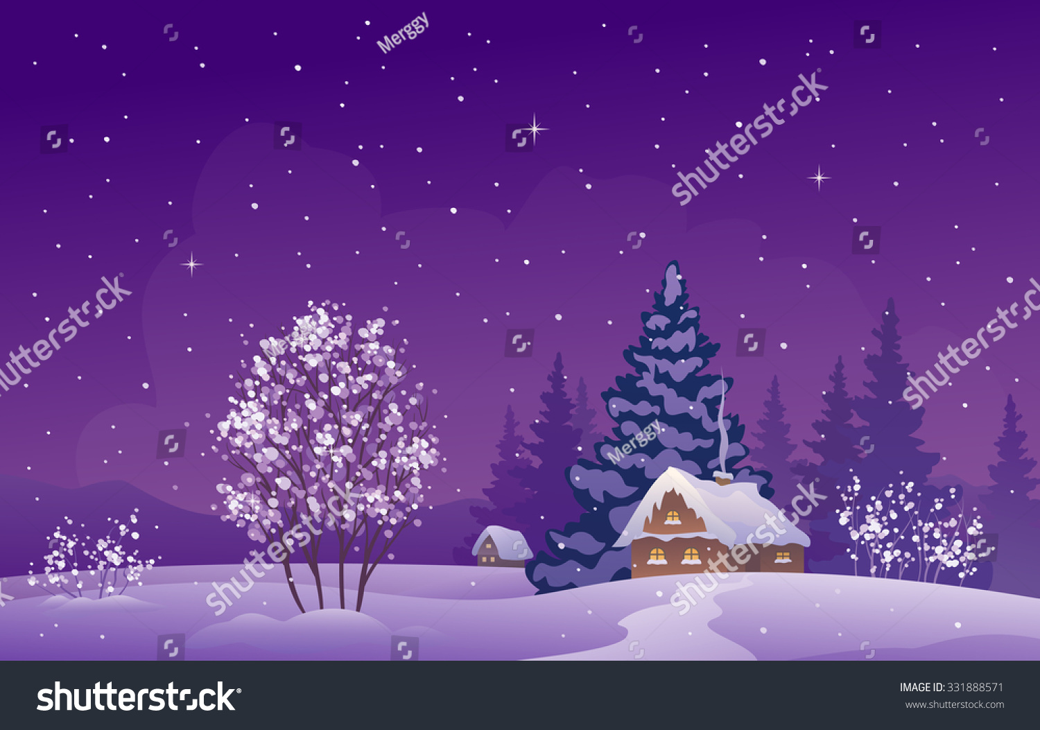 Vector Cartoon Drawing Of A Beautiful Christmas Night Snow Covered ...