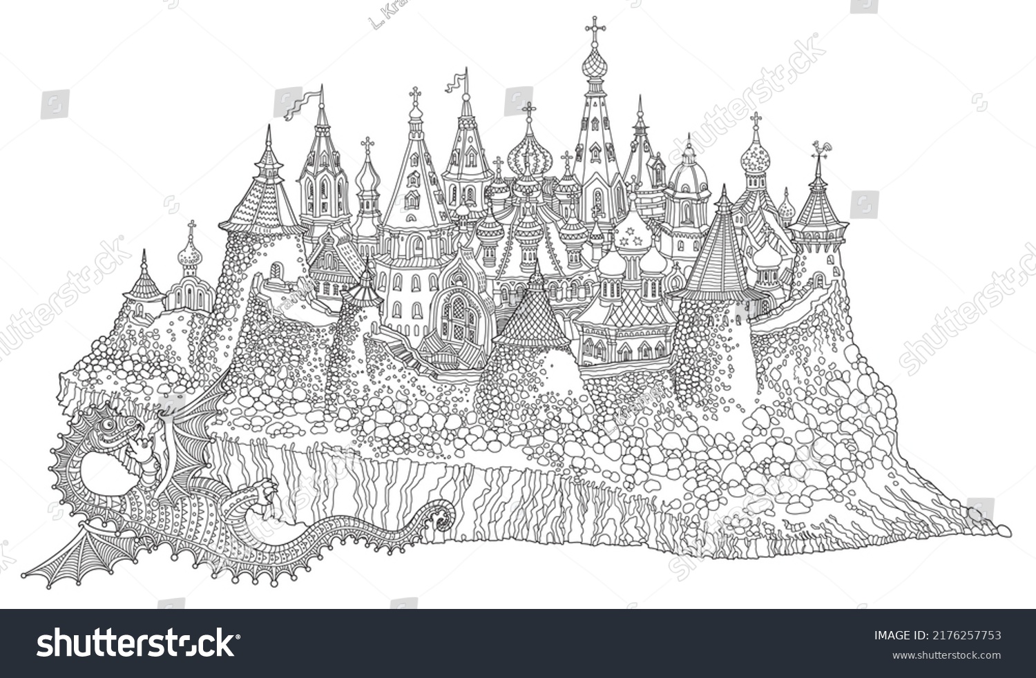 SVG of Vector cartoon folklore character, lying dragon looking at fairy tale medieval Russian castle town. Adults and children coloring book page svg